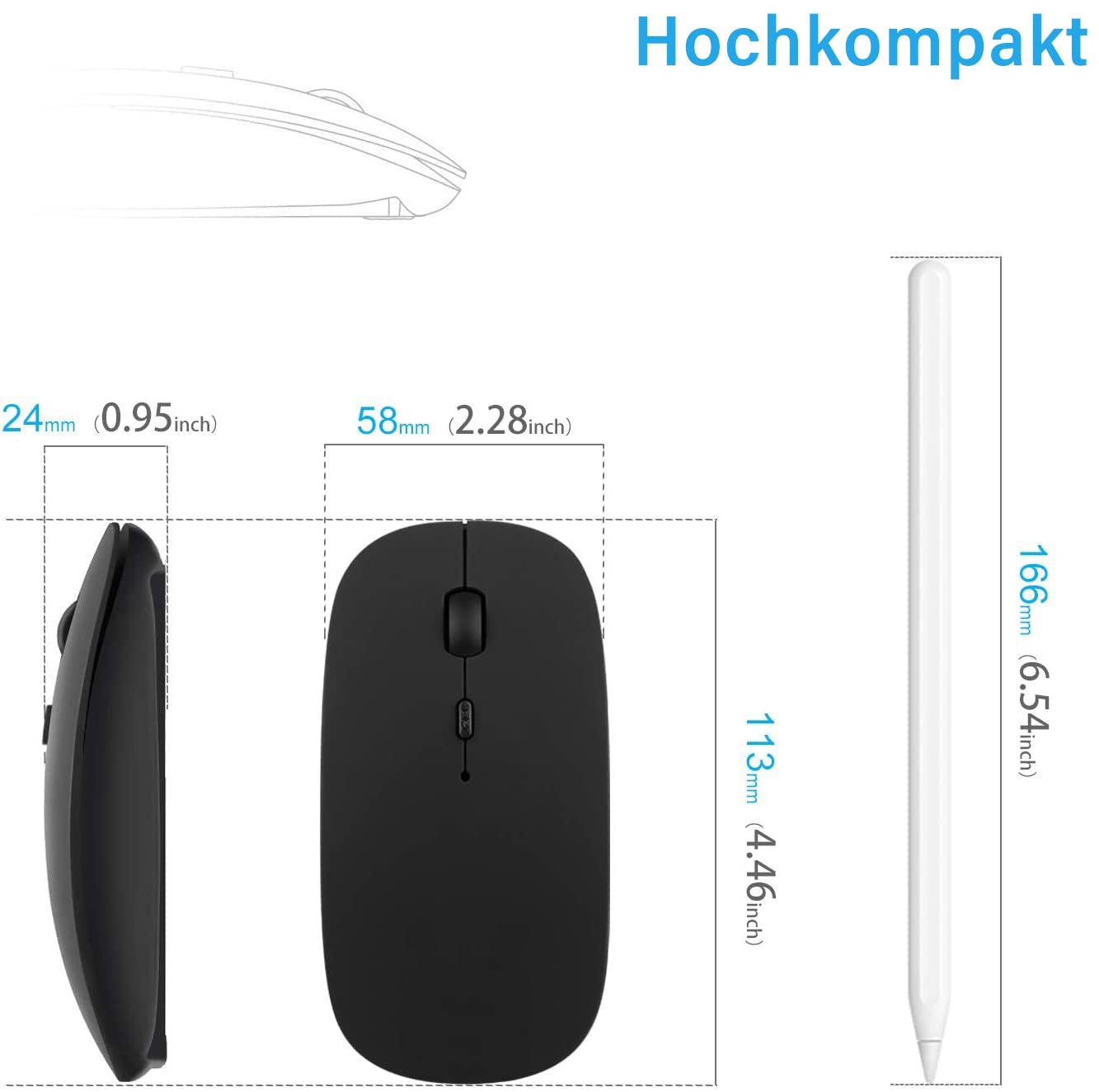 Беспроводная Мышь ANEWISH USB для Компьютера/Ноутбука/MacBook/Планшета 2.4G Тонкая с Нано-приемником и Адаптером Черная, фото №3