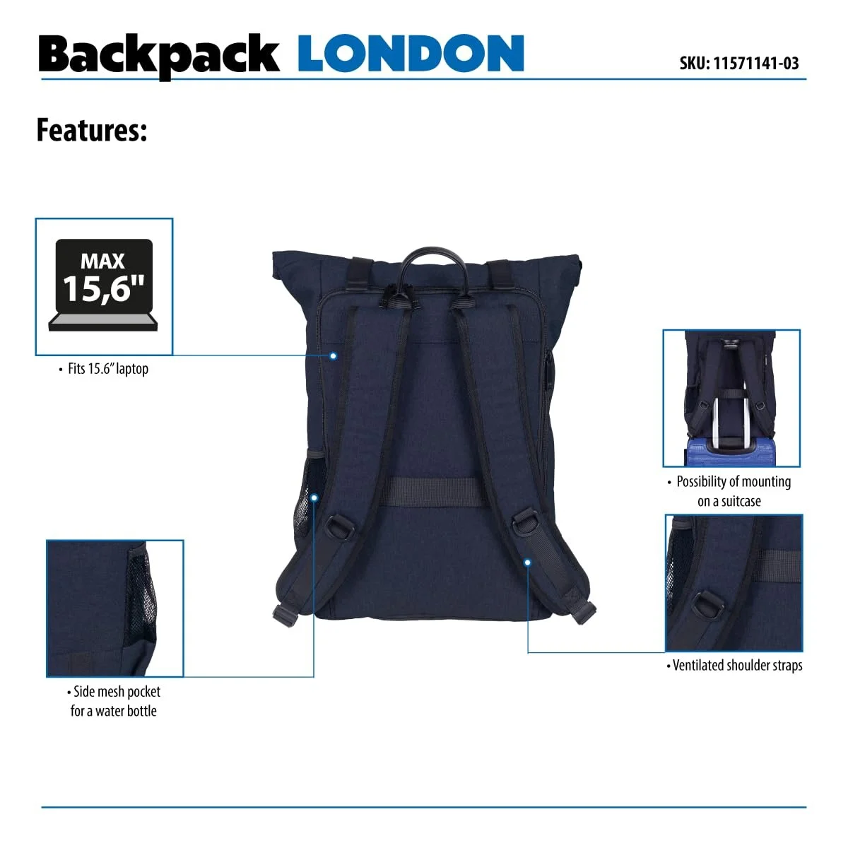 Рюкзак для ноутбука DONAU TRAVEL London 15.6" 18L Водонепроникний Темно-синій, фото №2