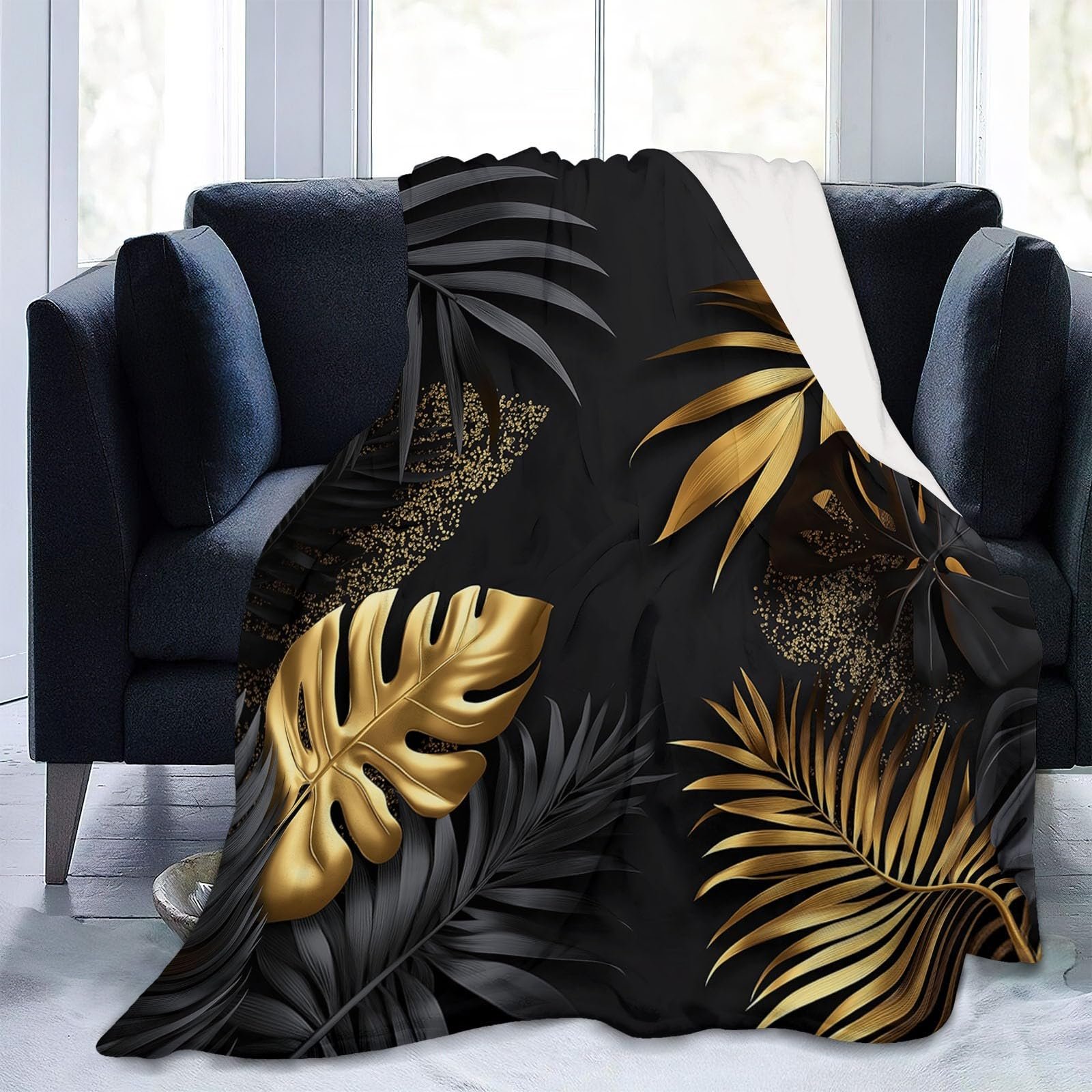 Плед Cuddly Теплий Tropical Luxury Monster Leaf Pattern 150 x 200 см Чорний Золотий Фланелевий, фото №3