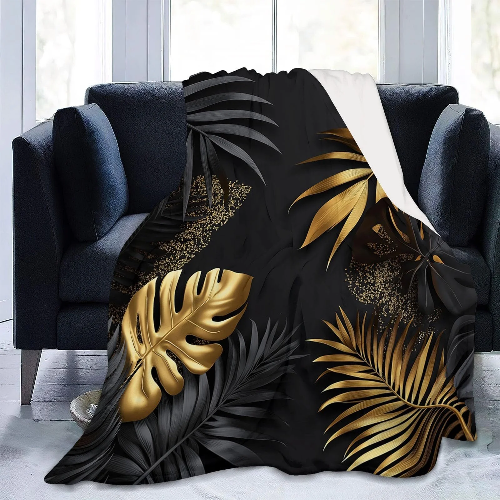 Плед Cuddly Теплый Tropical Luxury Monster Leaf Pattern 150 x 200 см Черный Золотой Фланелевый, фото №3