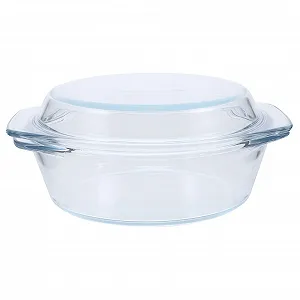 Форма для запекания стеклянная с крышкой и ручками термостойкая круглая прозрачная - Фото 1