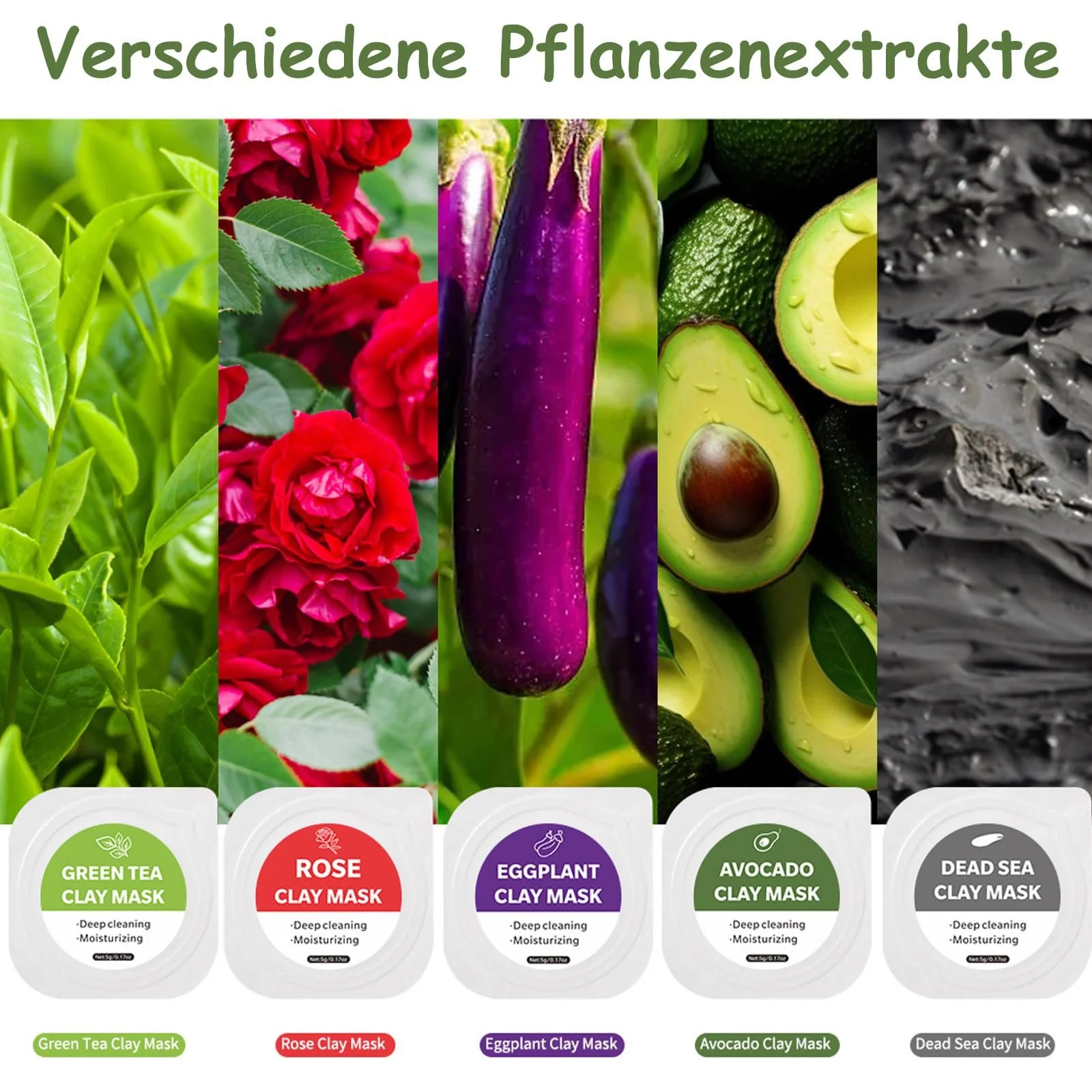 Маска Глиняна Soleneva Набір 10 шт Зелений Чай, Баклажан, Троянда, Грязь Мертвого Моря, Авокадо, фото №2