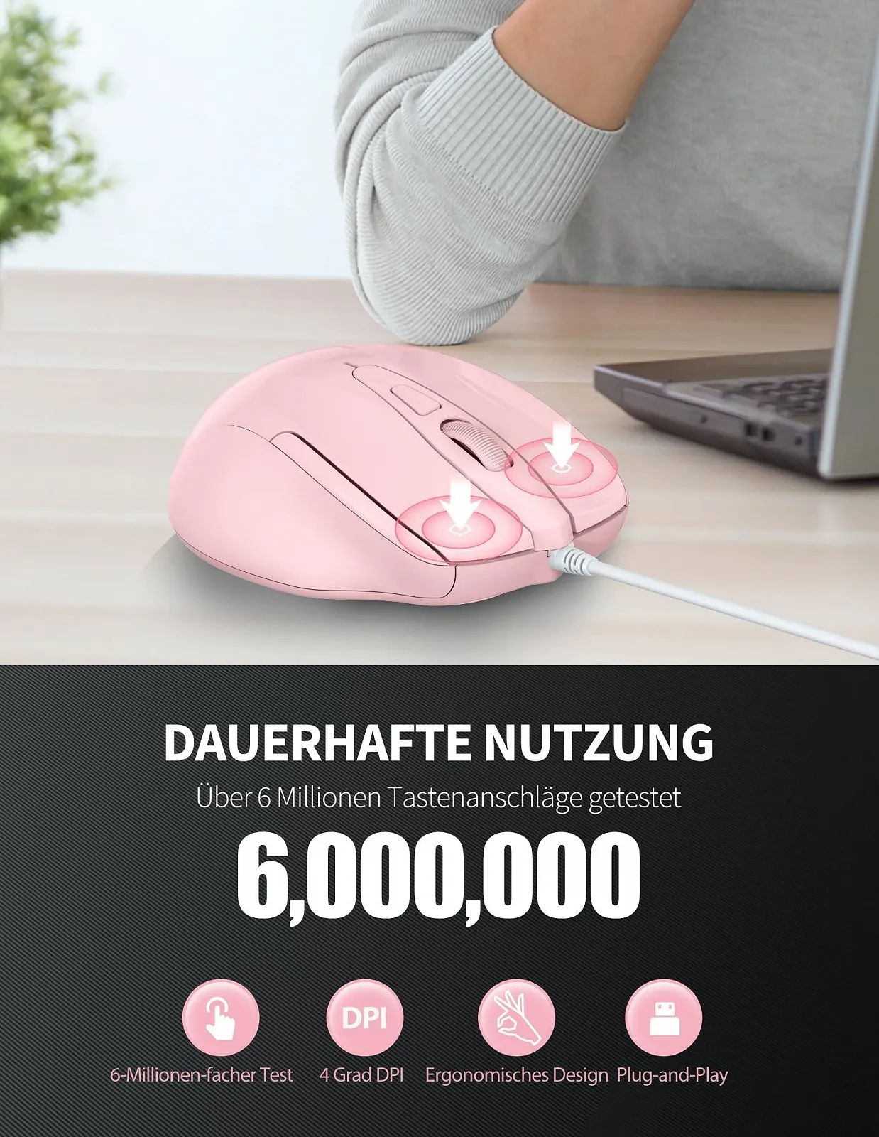 Миша дротова TECKNET Ергономічна оптична 6400 DPI 6 кнопок USB кабель 150 см, фото №4