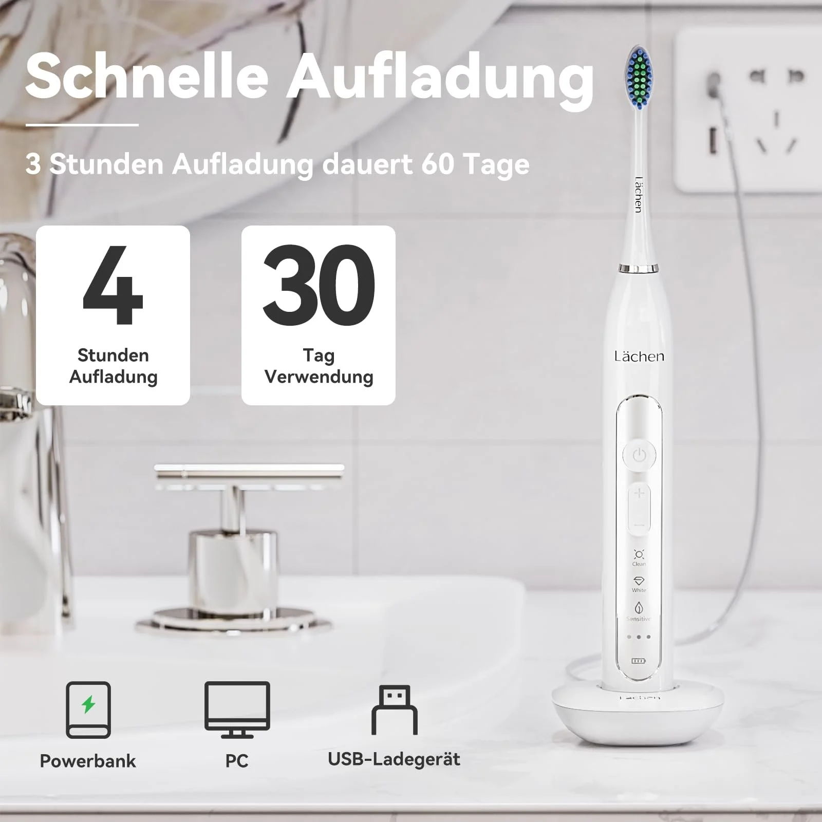 Электрическая звуковая зубная щетка Lächen RM-T8B Таймер 3 режима Белый, фото №7