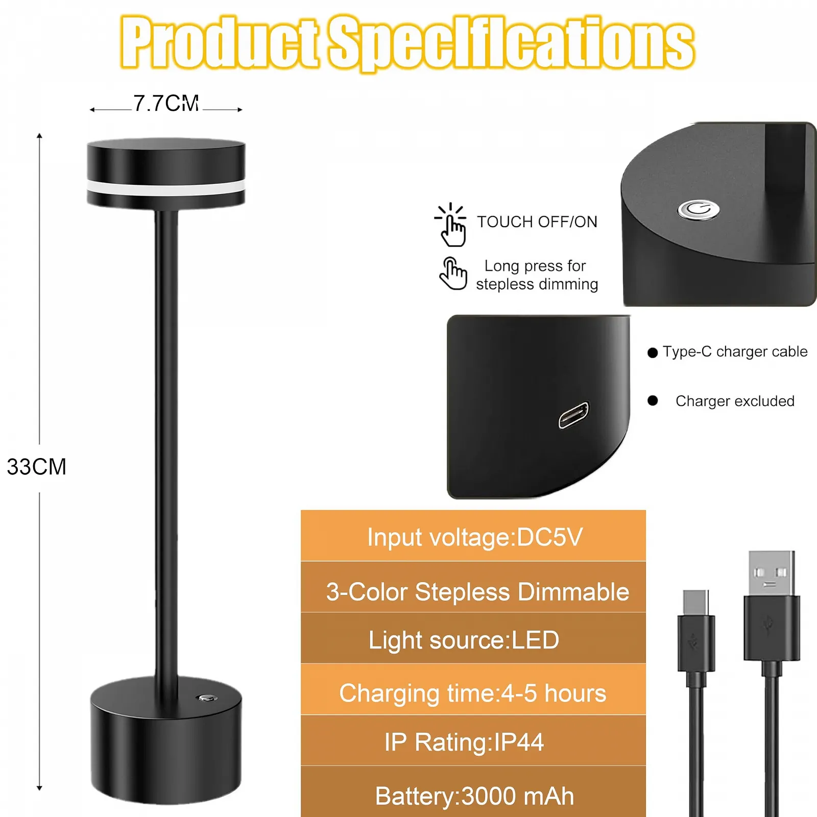 Настільна лампа LED бездротова алюмінієва сенсорна USB-C Чорний, фото №7