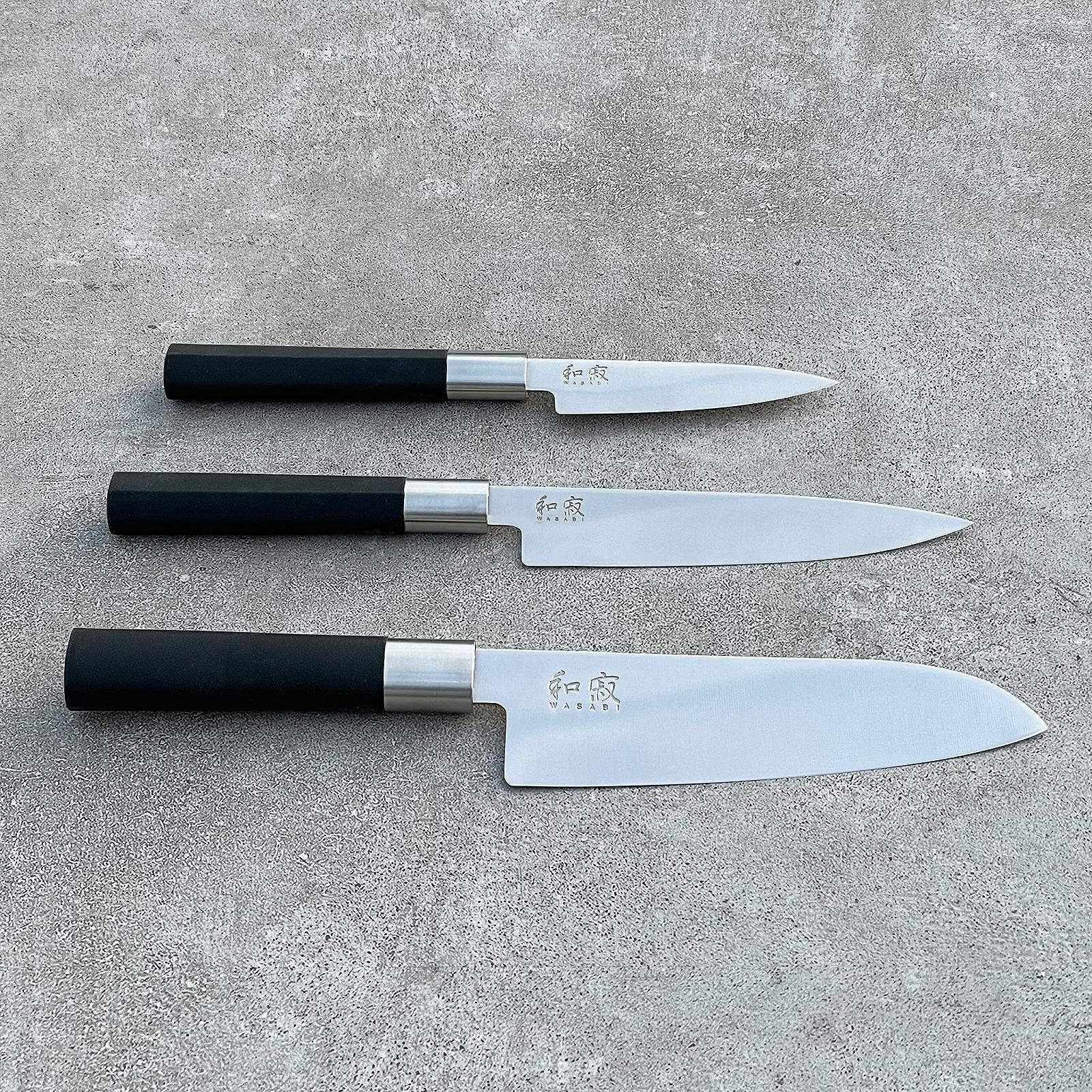 Набор ножей Santoku / Универсальный / Для офиса Kai Wasabi Black 18 см / 15 см / 10 см + Доска из дуба 40 x 25 см, фото №2