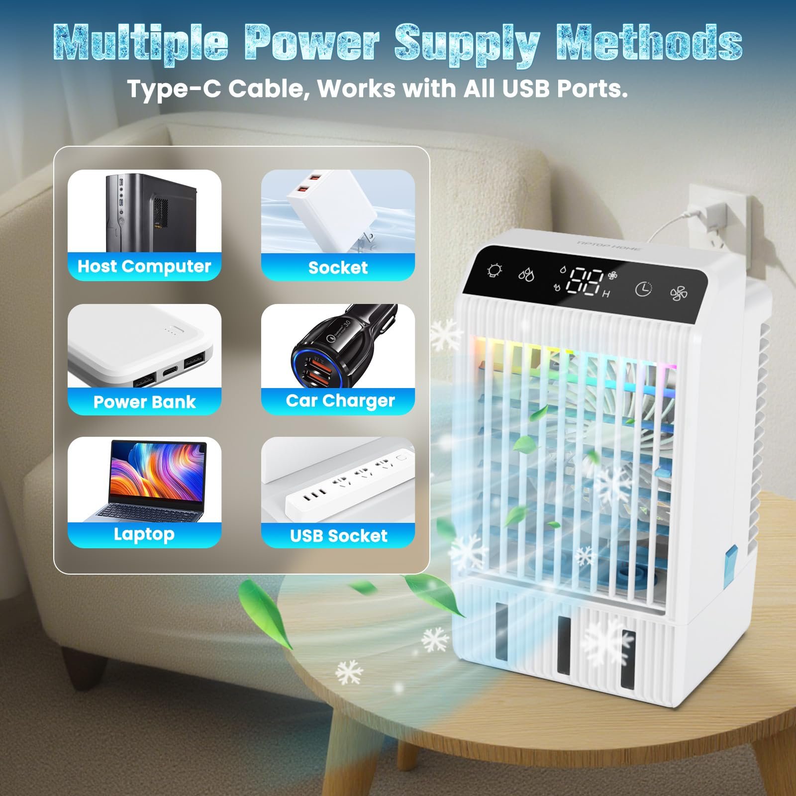 Мобільний кондиціонер Портативний без витяжного шланга Міні з розпилювачем та кольоровим нічним підсвічуванням для дому офісу кемпінгу, фото №8