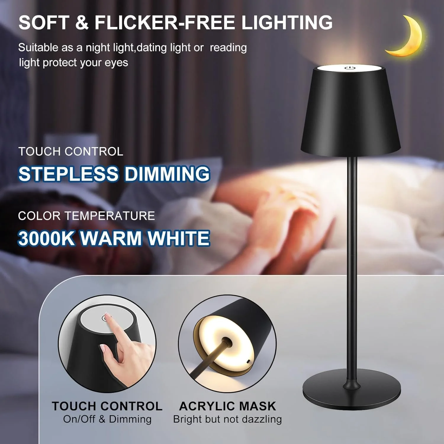 Настільна лампа LED Акумуляторна з регулюванням яскравості Сенсорна USB-C Метал IP44 5600 мАг 5 Вт Набір із 2 шт Black, фото №8