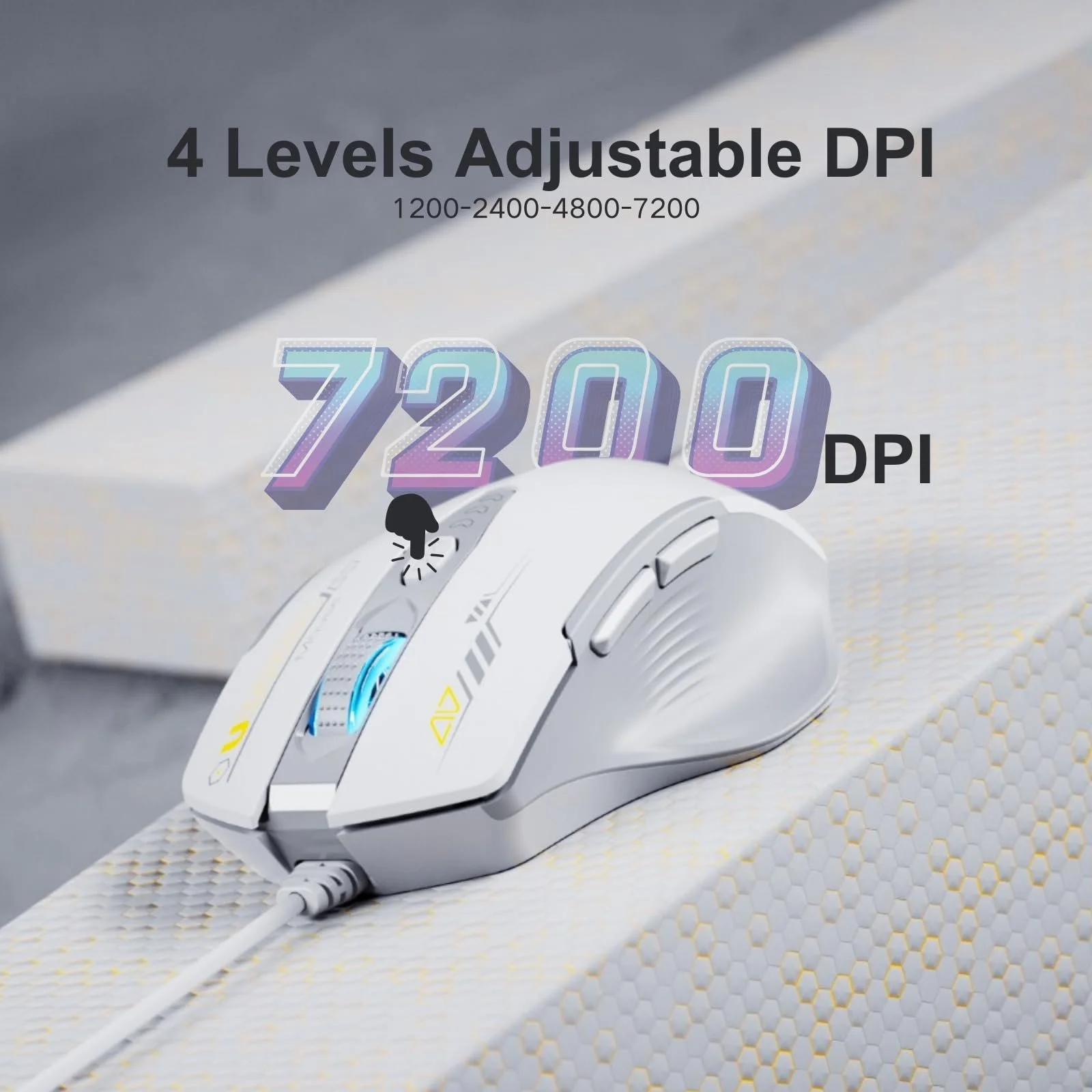 Мышь Uineer с кабелем, 7200 DPI, 6 кнопок, серо-белая, фото №4