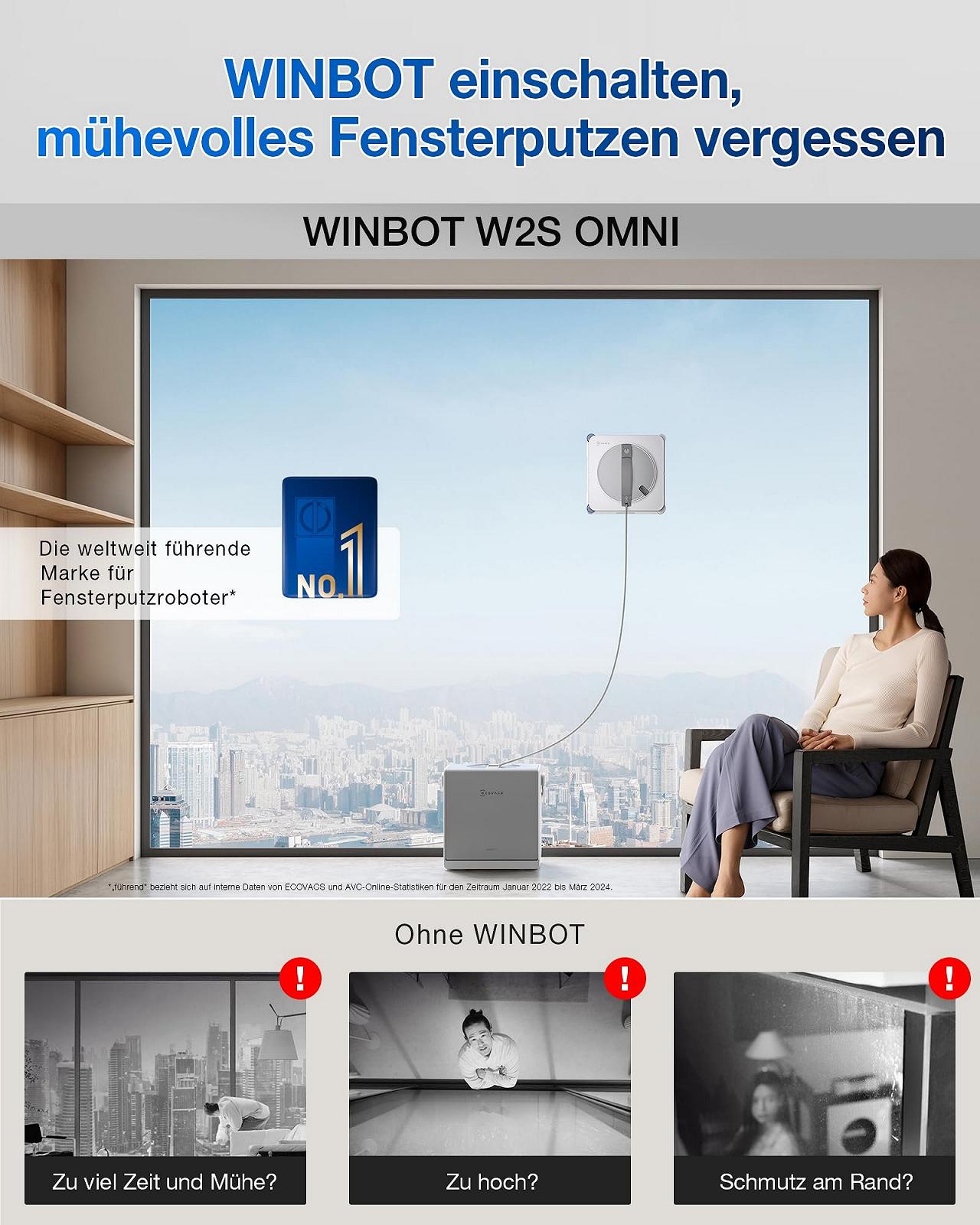 Робот для мытья окон ECOVACS Winbot W2S Omni с многофункциональной станцией, интеллектуальная очистка до краев с TruEdge, зарядка во время работы, три водных форсунки, 12-уровневая защита, фото №2