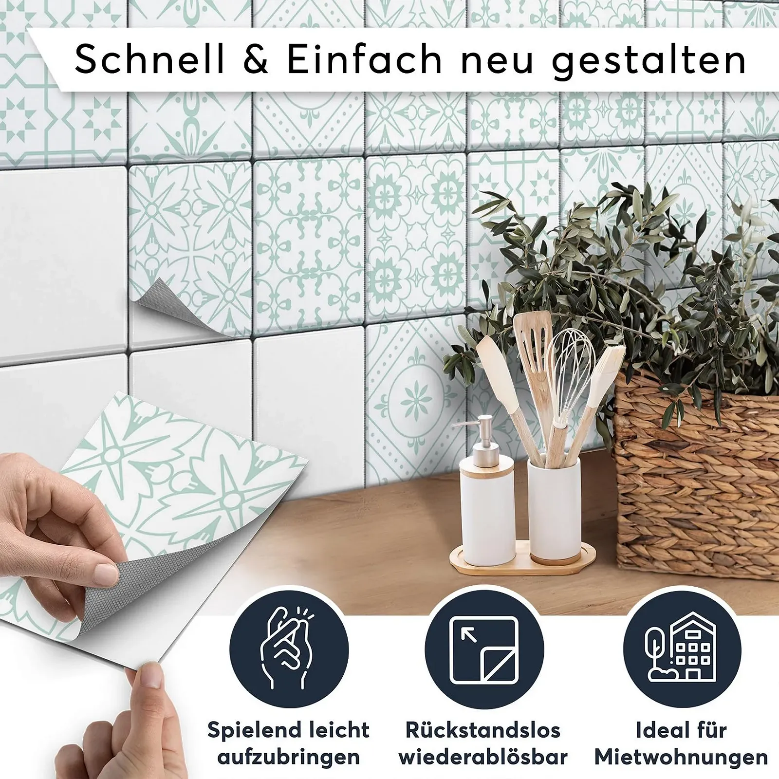 Наклейки для плитки creatisto самоклеючі орнамент бірюзовий 9 шт, фото №2