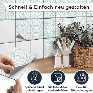 Наклейки для плитки creatisto самоклеючі орнамент бірюзовий 9 шт synthetic.ua - Фото 1