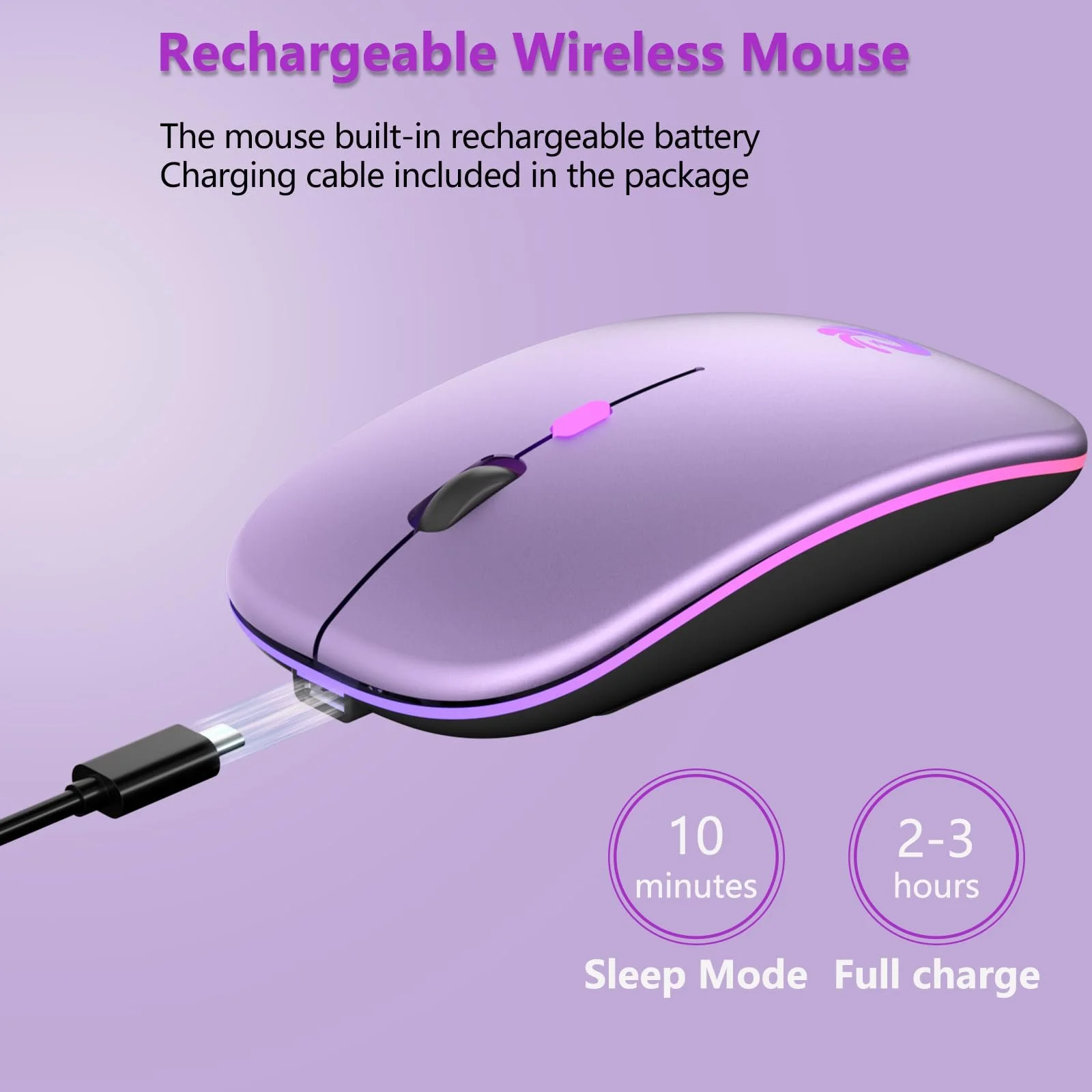 Мышь Беспроводная BQSS 2.4 GHz 1600 DPI Оптическое отслеживание Тихие щелчки Перезаряжаемая LED Светло-фиолетовый, фото №2