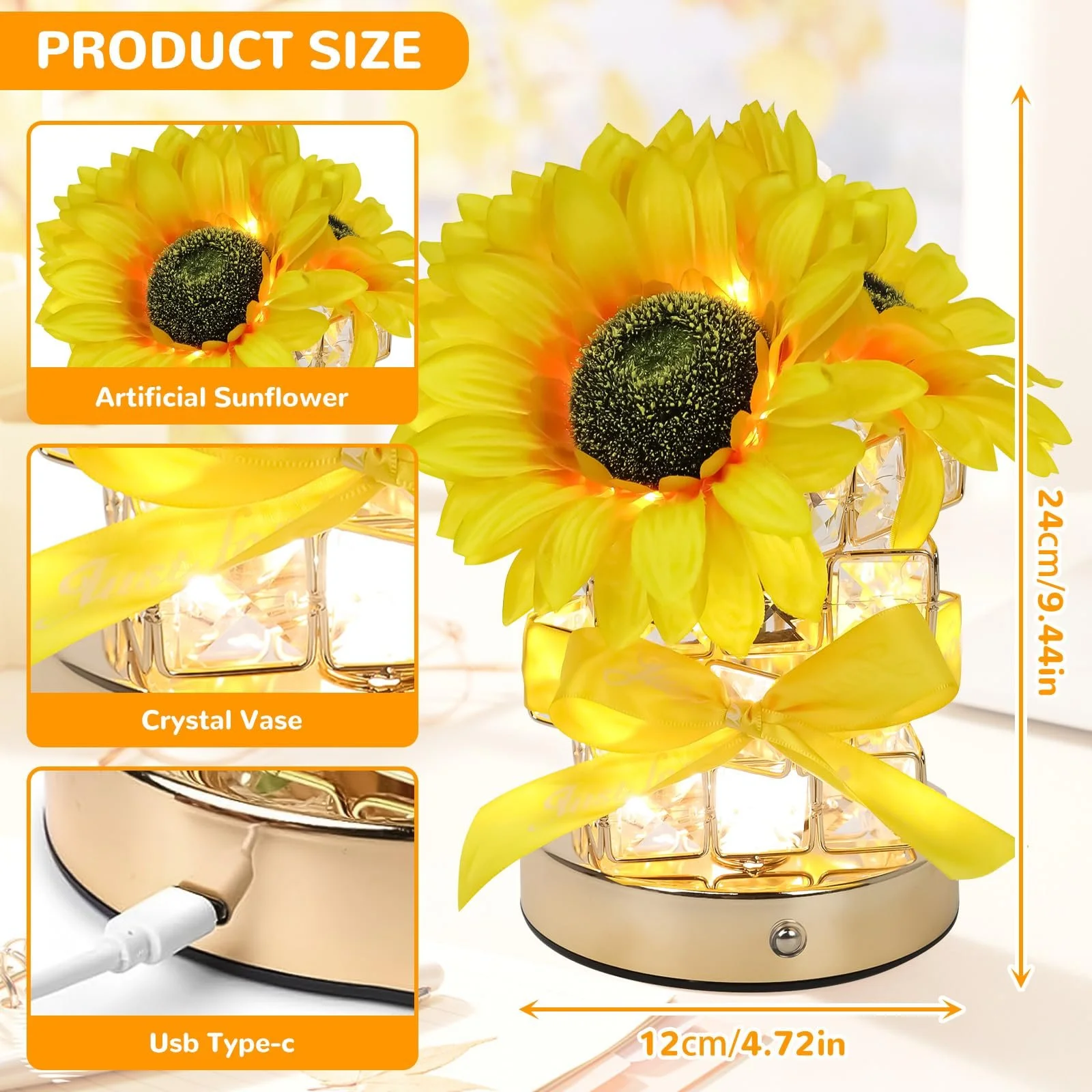 Настільна лампа-нічник Sunflower Flower USB Rechargeable Touch Control 3 Colours Crystal Ornament (A), фото №2
