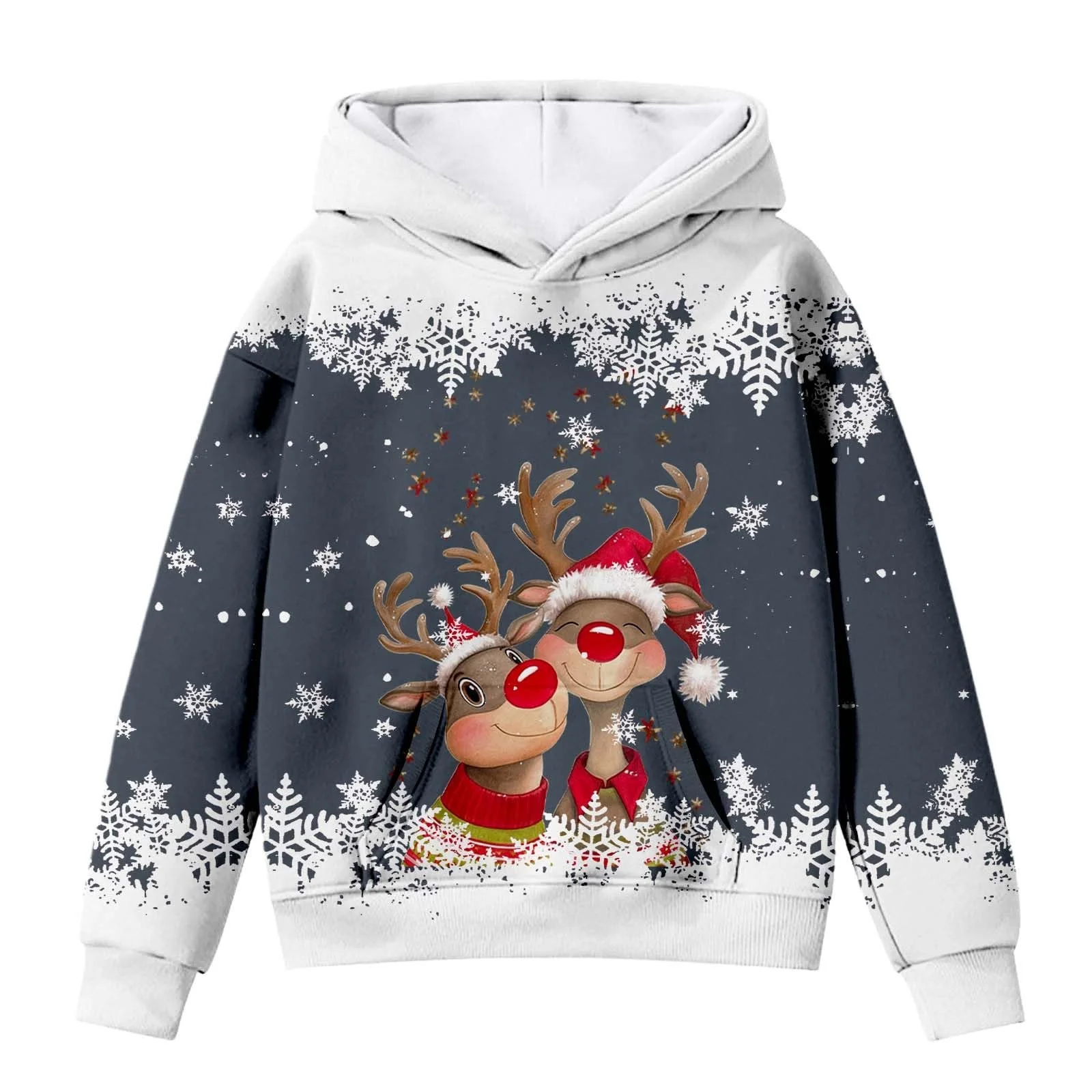 Детский рождественский джемпер Толстовка с капюшоном Голова оленя Мультяшный рисунок Длинный рукав для мальчиков и девочек (2-12 лет), фото №2
