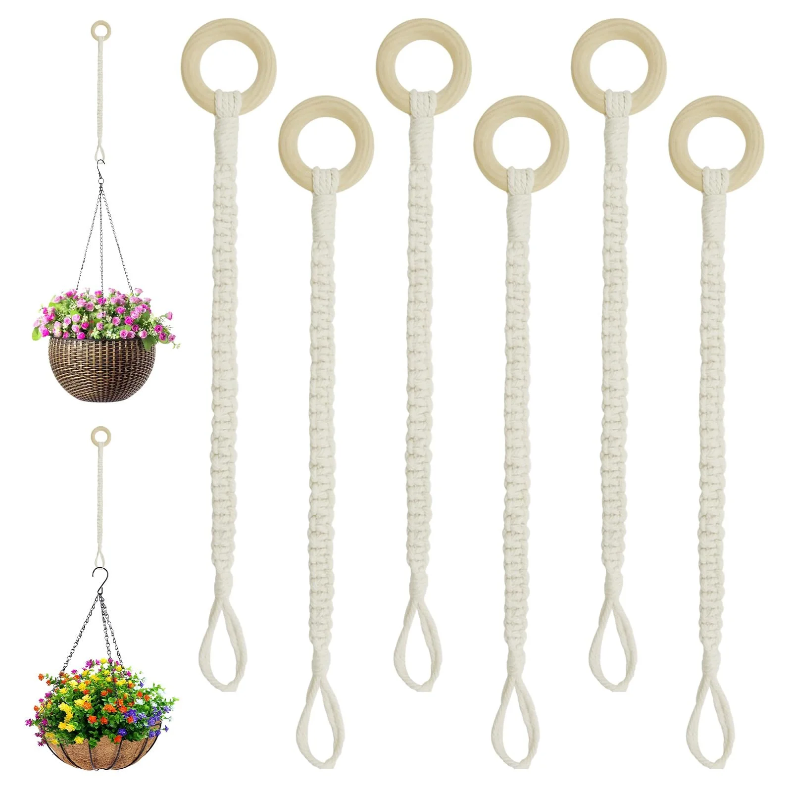 Удлинитель для подвеса растений Набор 6 шт. Пеньковая веревка с деревянным кольцом Регулируемый, фото №1