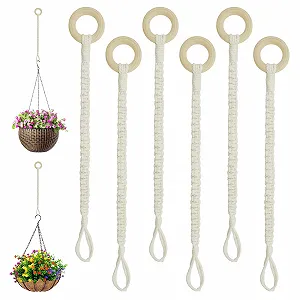 Удлинитель для подвеса растений Набор 6 шт. Пеньковая веревка с деревянным кольцом Регулируемый - Фото 1