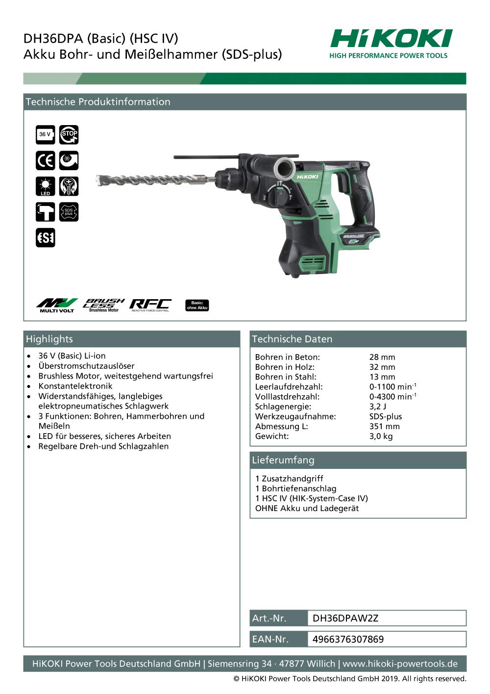 Акумуляторний Перфоратор HiKOKI DH36DPA 36 В 3 Дж SDS-plus, фото №5 Акумуляторний Перфоратор HiKOKI DH36DPA 36 В 3 Дж SDS-plus, фото №5