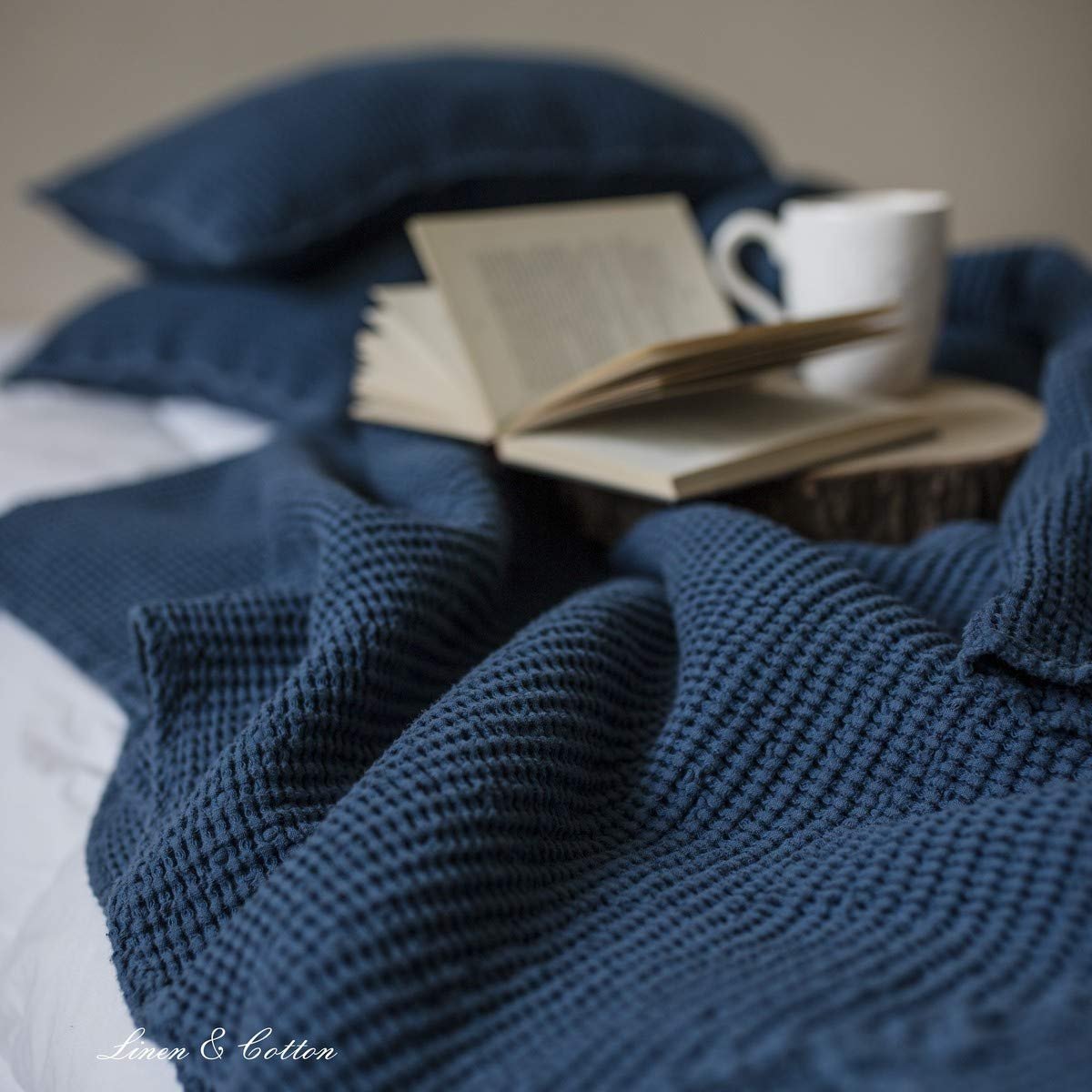 Покривало Вафельне Плед Linen & Cotton Enzo Плед в клітинку 210 x 250 см Темно-синій, фото №4