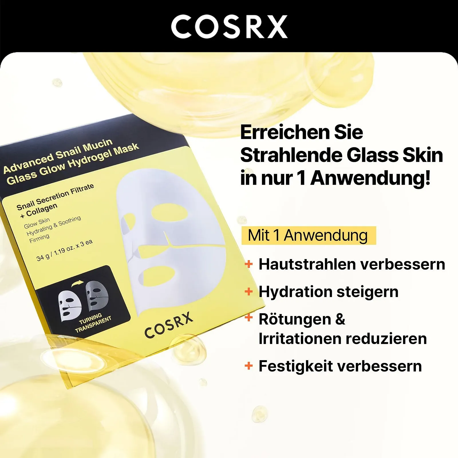 Маска гидрогелевая COSRX Advanced Snail Mucin Glass Glow, коллагеновая маска для лица для глубокого увлажнения и сияющего цвета лица, подходит для всех типов кожи, корейский уход за кожей, фото №3