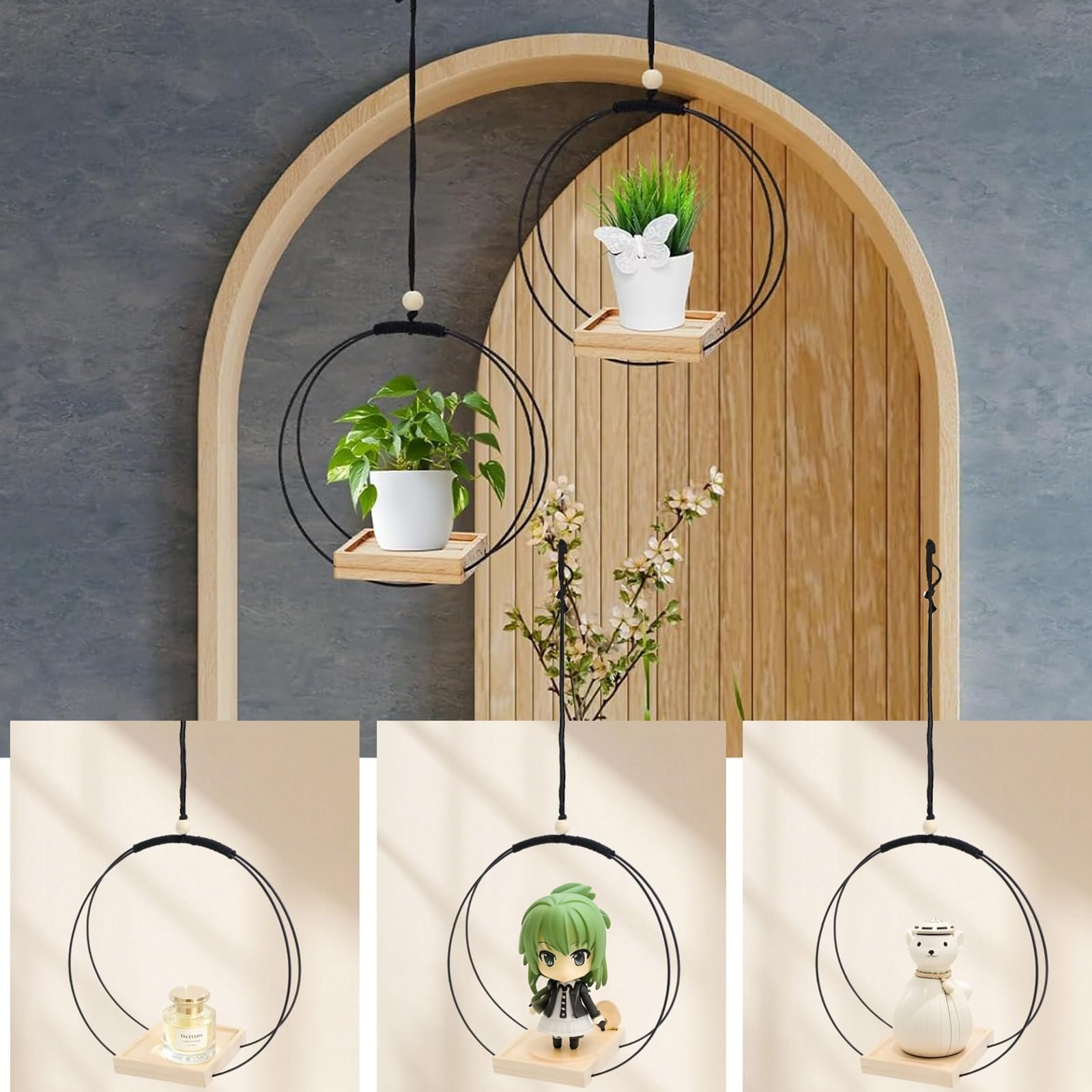 Підвісні кошики для рослин KVXXVX 2 шт метал дерево чорні, фото №7