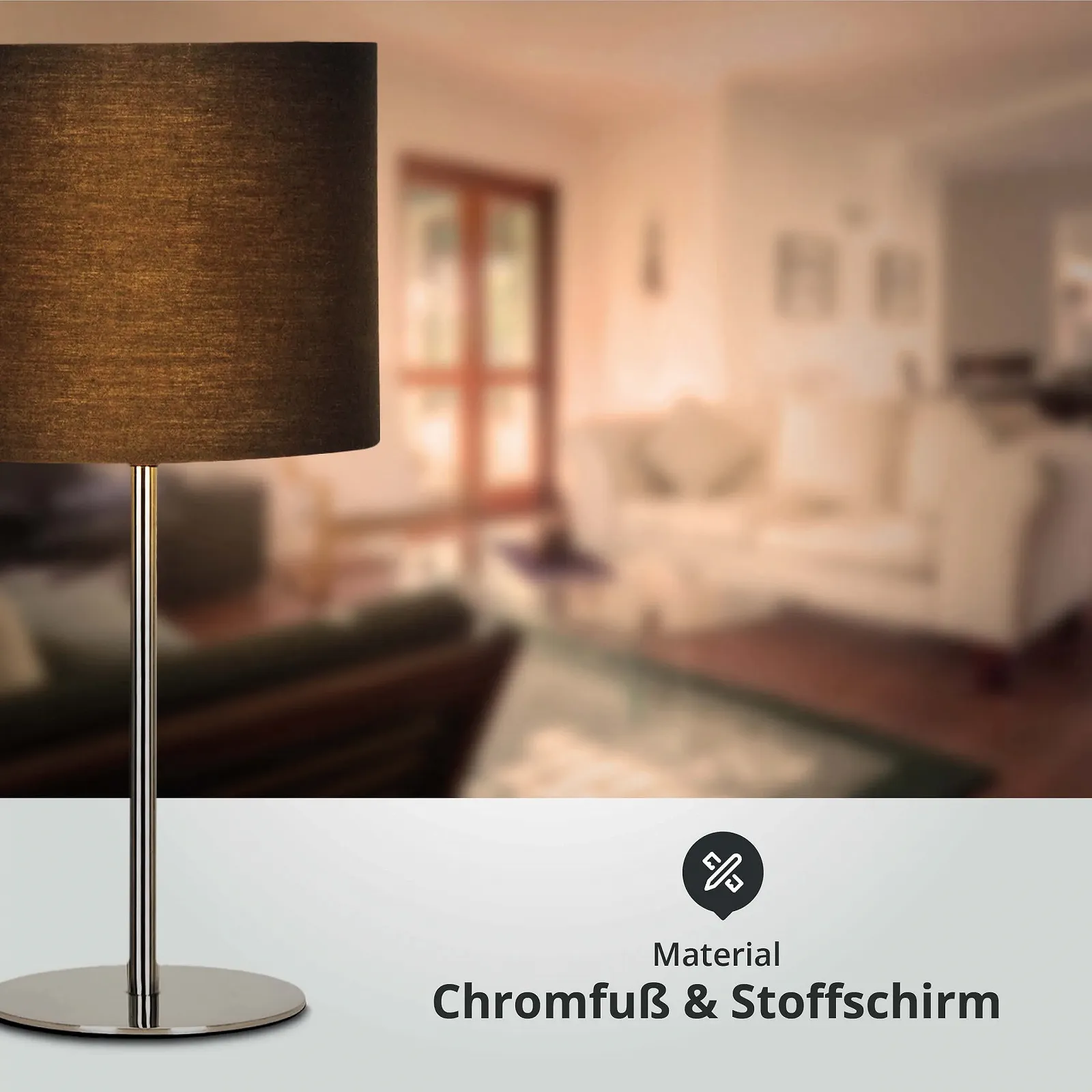 Настільна лампа LED Universum 7369 з тканинним абажуром цоколь E14 металева основа Чорний Хром, фото №3