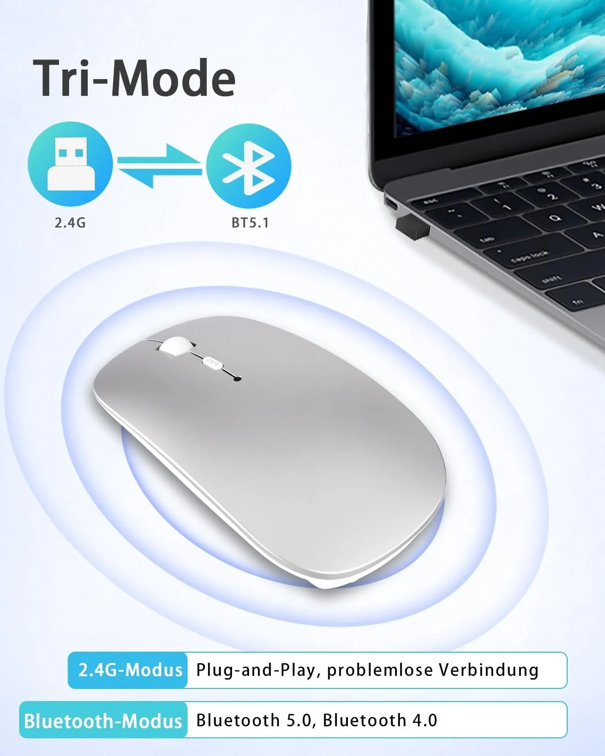 Мышь ANEWISH Беспроводная Bluetooth с адаптером USB-C, 3 DPI, фото №2