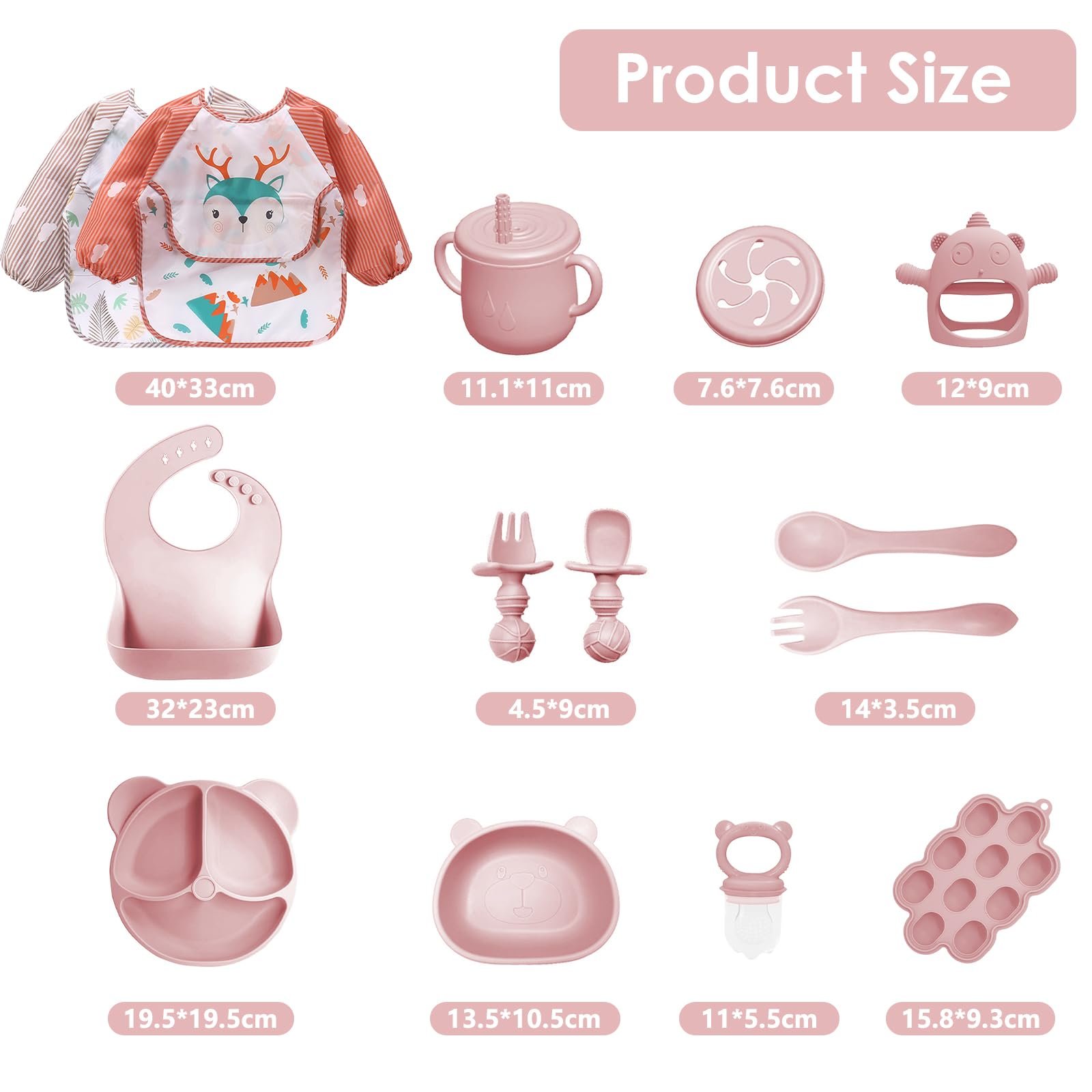 Набор детской посуды Bizcasa, 14 предметов, силиконовый детских столовых приборов для прикорма, нескользящий, тарелка, миска, слюнявчик, ложка, вилка, фрутовий ниблер, контейнер для заморозки детской каши, прорезыватель для зубов, без BPA, светло-розовый, фото №6 Набор детской посуды Bizcasa, 14 предметов, силиконовый детских столовых приборов для прикорма, нескользящий, тарелка, миска, слюнявчик, ложка, вилка, фрутовий ниблер, контейнер для заморозки детской каши, прорезыватель для зубов, без BPA, светло-розовый, фото №6