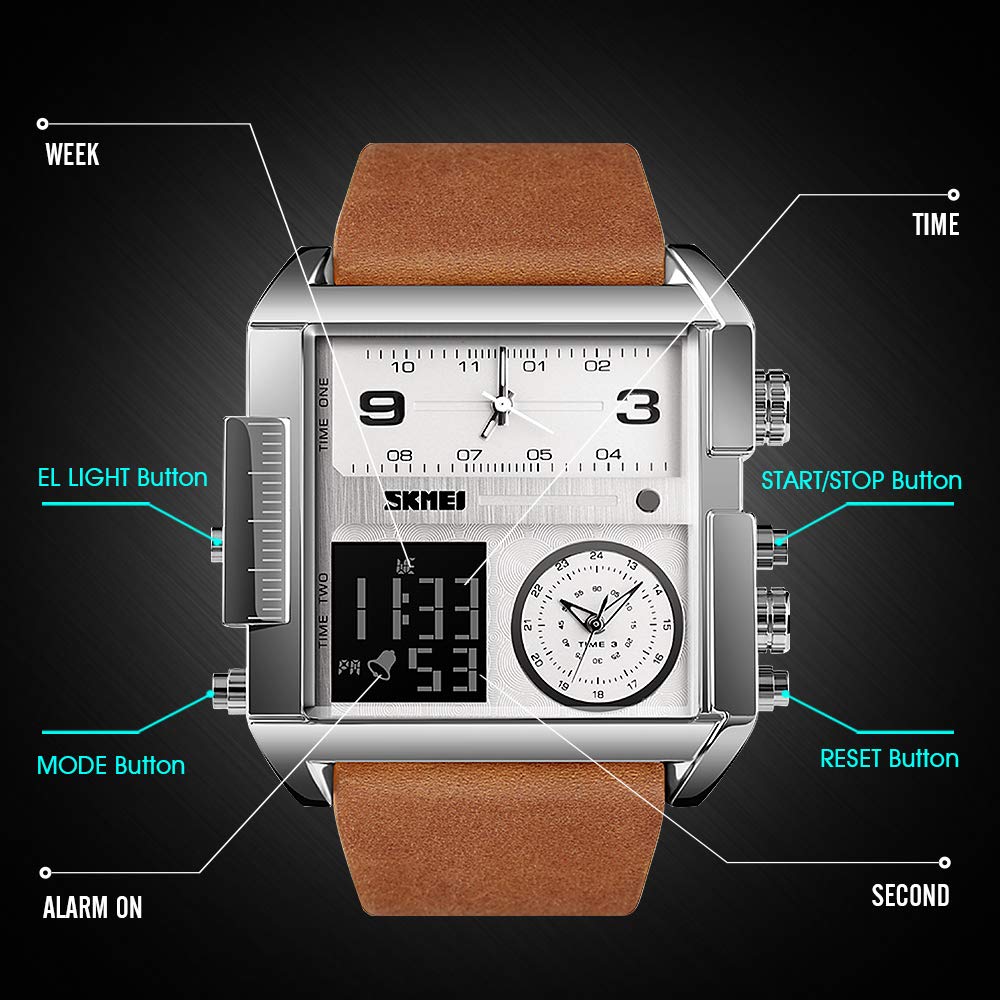 Часы SKMEI LED Квадрат Большой Циферблат Кварцевые Наручные Мужские Мультизональный Водонепроницаемый Хронограф Серебристо-Коричневый Ремешок, фото №7