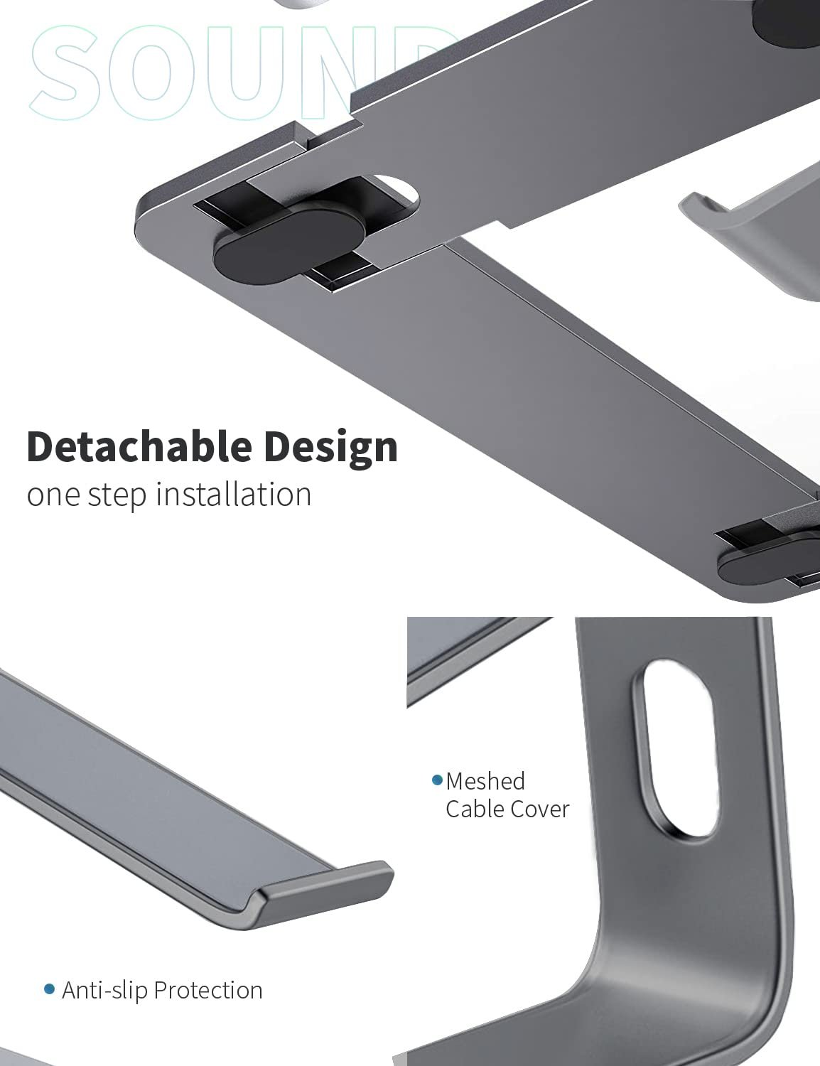 Підставка для ноутбука SOUNDANCE, алюмінієва для комп'ютера, ергономічна, сумісний з ноутбуками 10-15,6 дюймів, сіра, фото №5