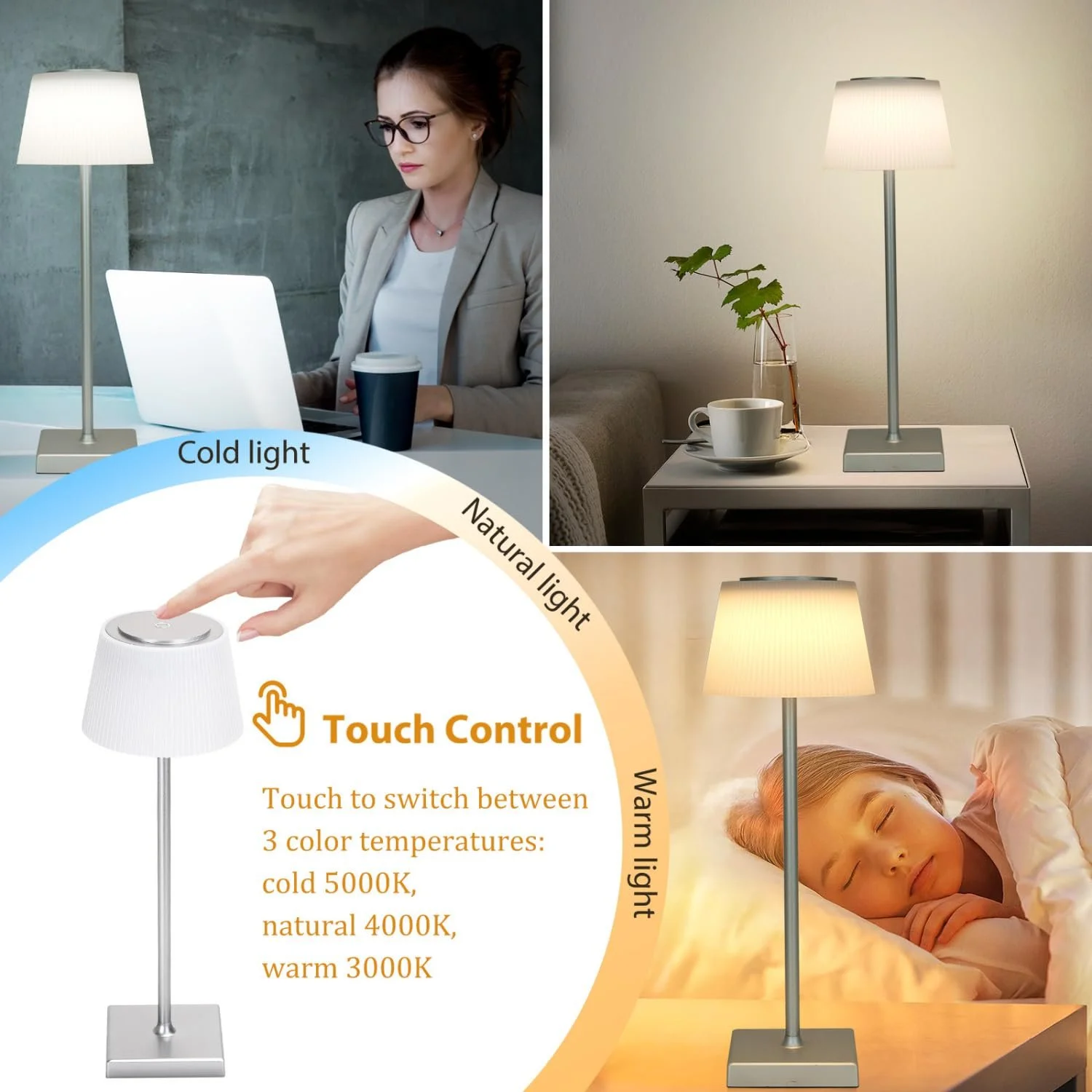 Настільна лампа Aigostar LED акумуляторна бездротова сенсорна димована IP54 Срібляста, фото №2