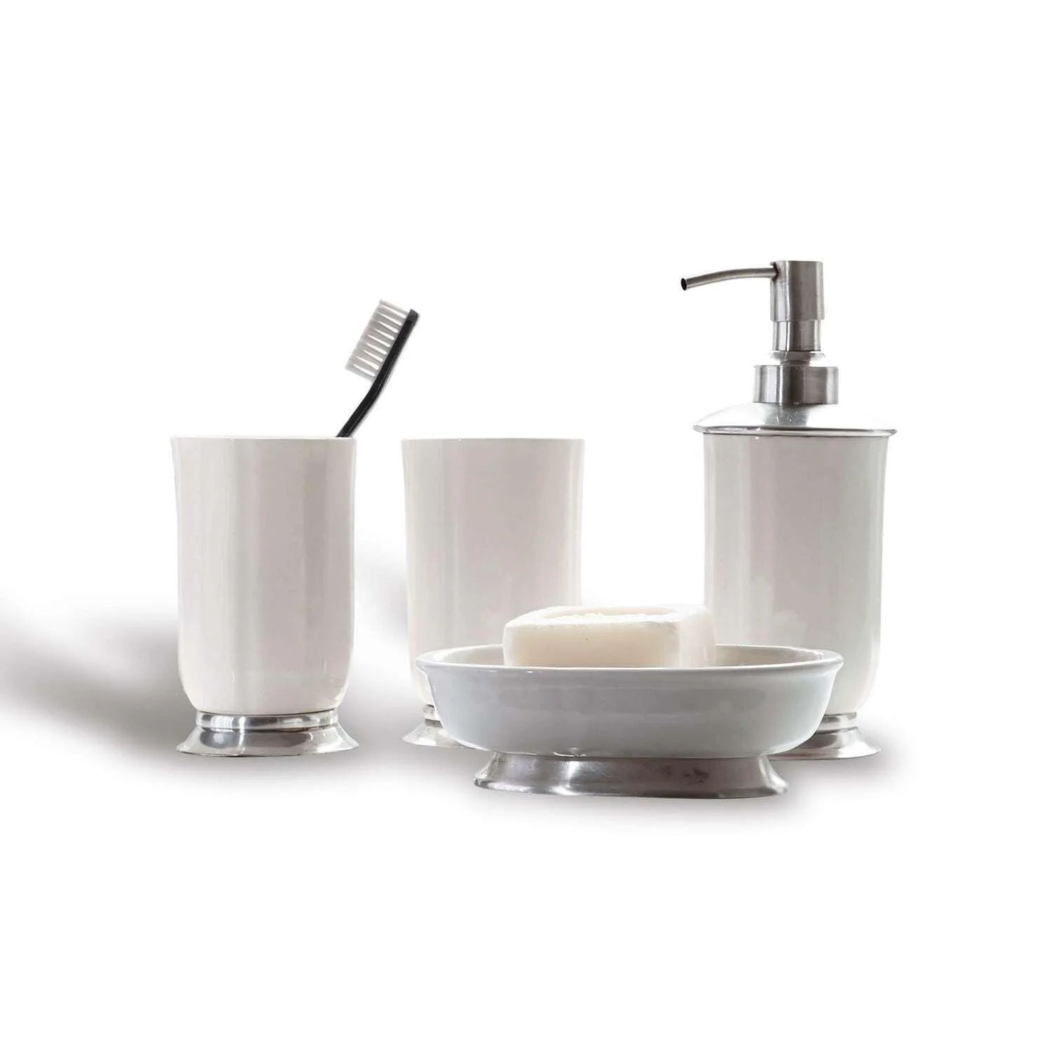 Набор для ванной комнаты LOBERON Millicent 2 стакана, мыльница и дозатор мыла, белый/серебристый, фото №1 Набор для ванной комнаты LOBERON Millicent 2 стакана, мыльница и дозатор мыла, белый/серебристый, фото №1