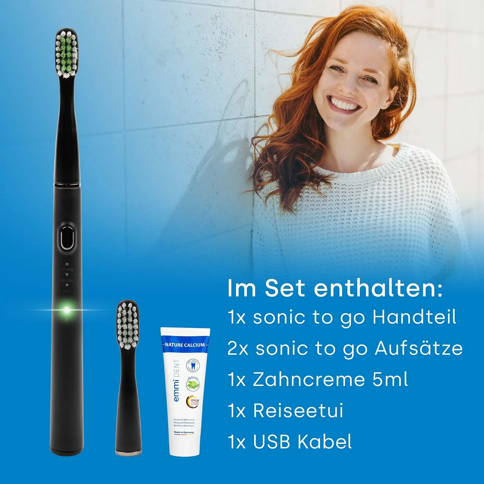 Электрическая звуковая зубная щетка Emmi-dent Sonic 20000 вибраций/мин 3 режима чистки с дорожным футляром и пастой, фото №7