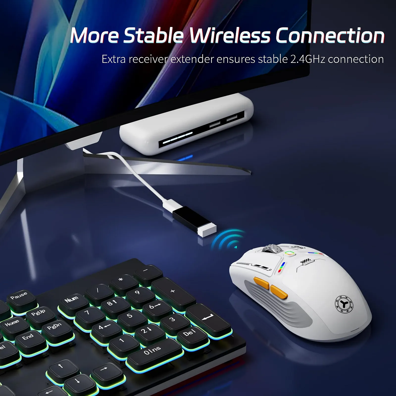 Миша Бездротова Ігрова Uiosmuph V08 2.4G/Bluetooth/USB C з кабелем, Перезаряджувана, 6 Програмованих Кнопок, 12000 DPI, Магнітна Кришка Honeycomb, фото №5