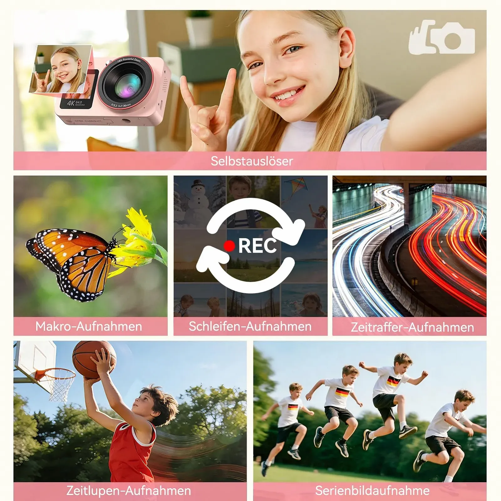 Цифрова фотокамера 4K 64MP Vlogging Compact Camera 18X Zoom для дітей та початківців 2 екрани 2 акумулятори 64GB SD Card Pink, фото №9