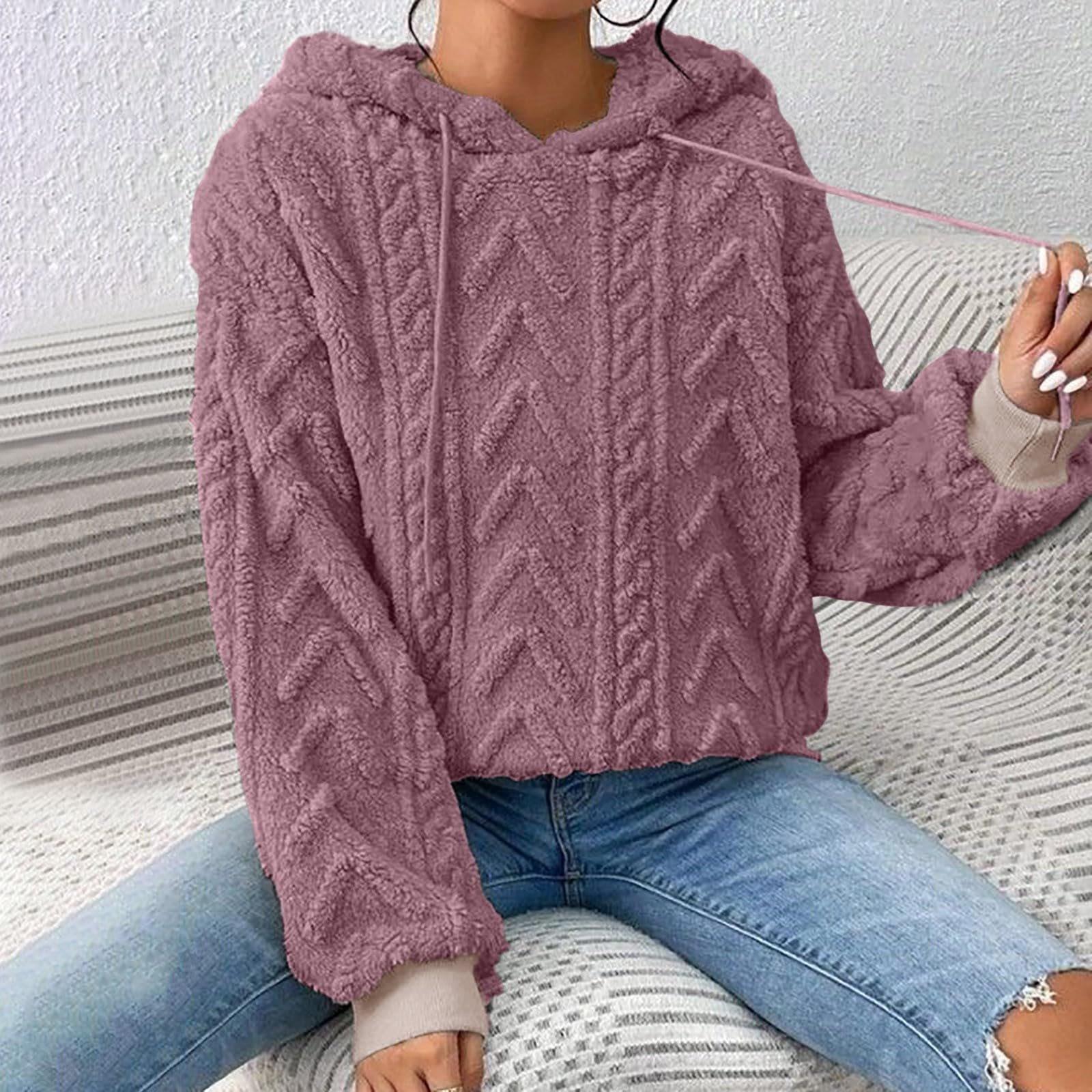 Жіноча плюшева кофта з капюшоном однотонна з довгими рукавами, фото №4 Жіноча плюшева кофта з капюшоном однотонна з довгими рукавами, фото №4