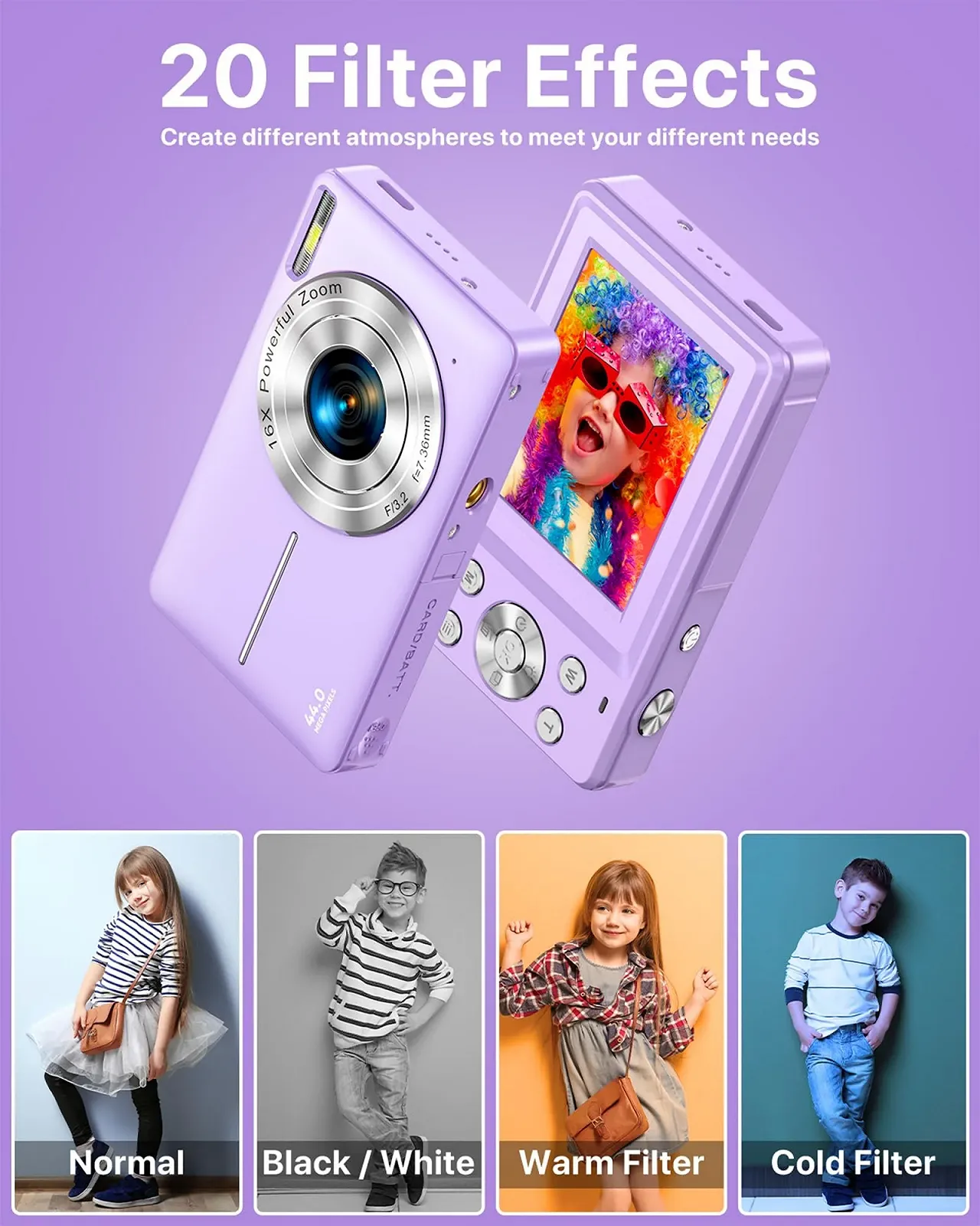 Цифрова камера 1080P 44 MP 2.4 дюйми LCD 16x Zoom 32 GB Фіолетовий, фото №4