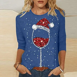 Рождественская Блузка Женская Рубашка с Длинным Рукавом Рождественская Футболка 3/4 Рукава Женская Легкая Рождественская Футболка Красная с Блестящим Узором Винного Бокала Круглый Вырез Рождественский Джемпер Свободный Топ Базовые Топы synthetic.ua - Фото 1