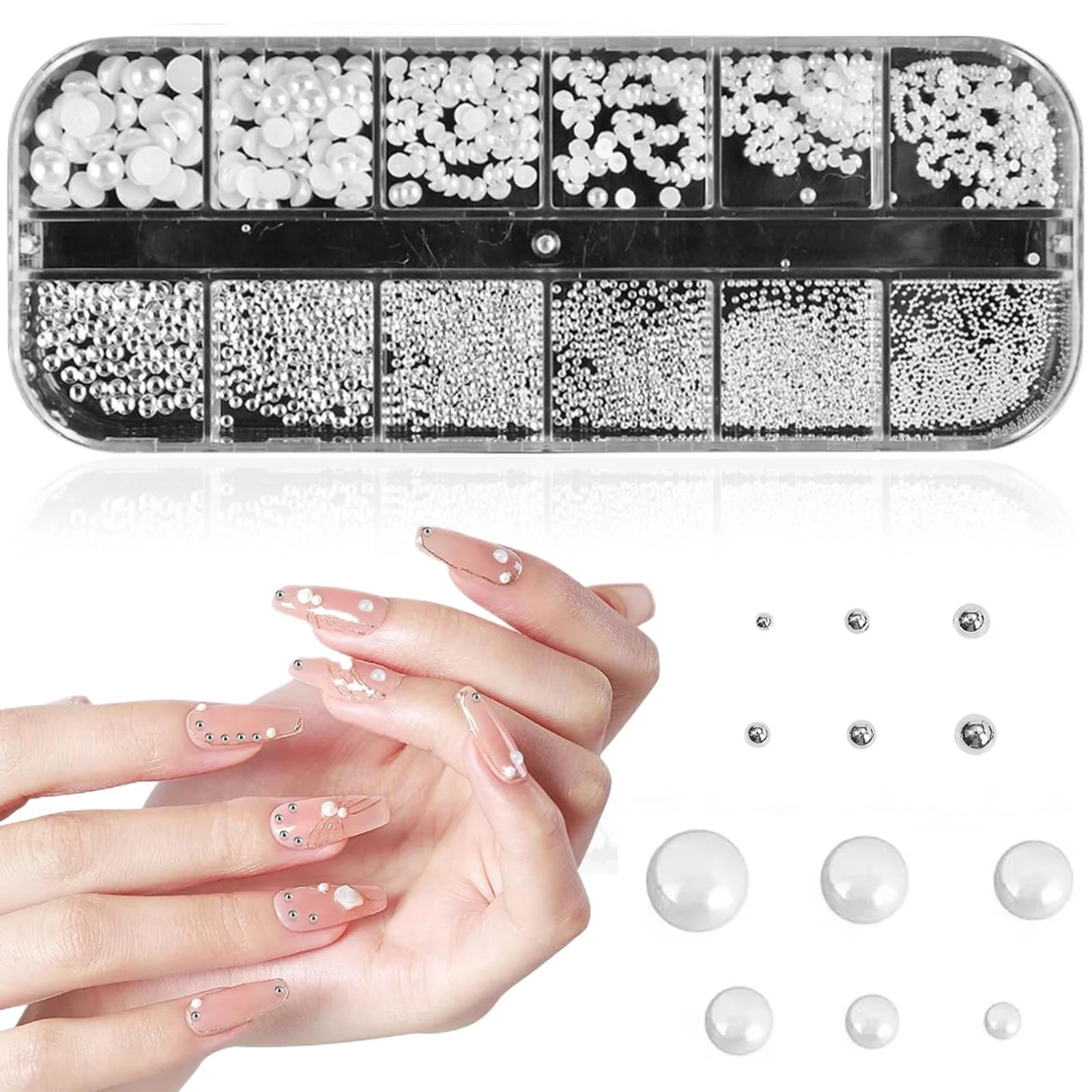 Стрази для нігтів Перли Білі напівкруглі кульки з нержавіючої сталі Білі пласкі намистини, фото №1