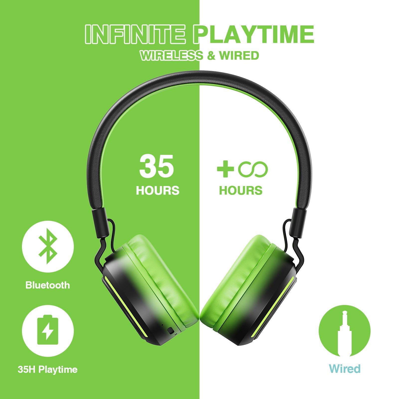 Наушники seenda Bluetooth Children's 85/94 dB Чёрно-зелёные, фото №6