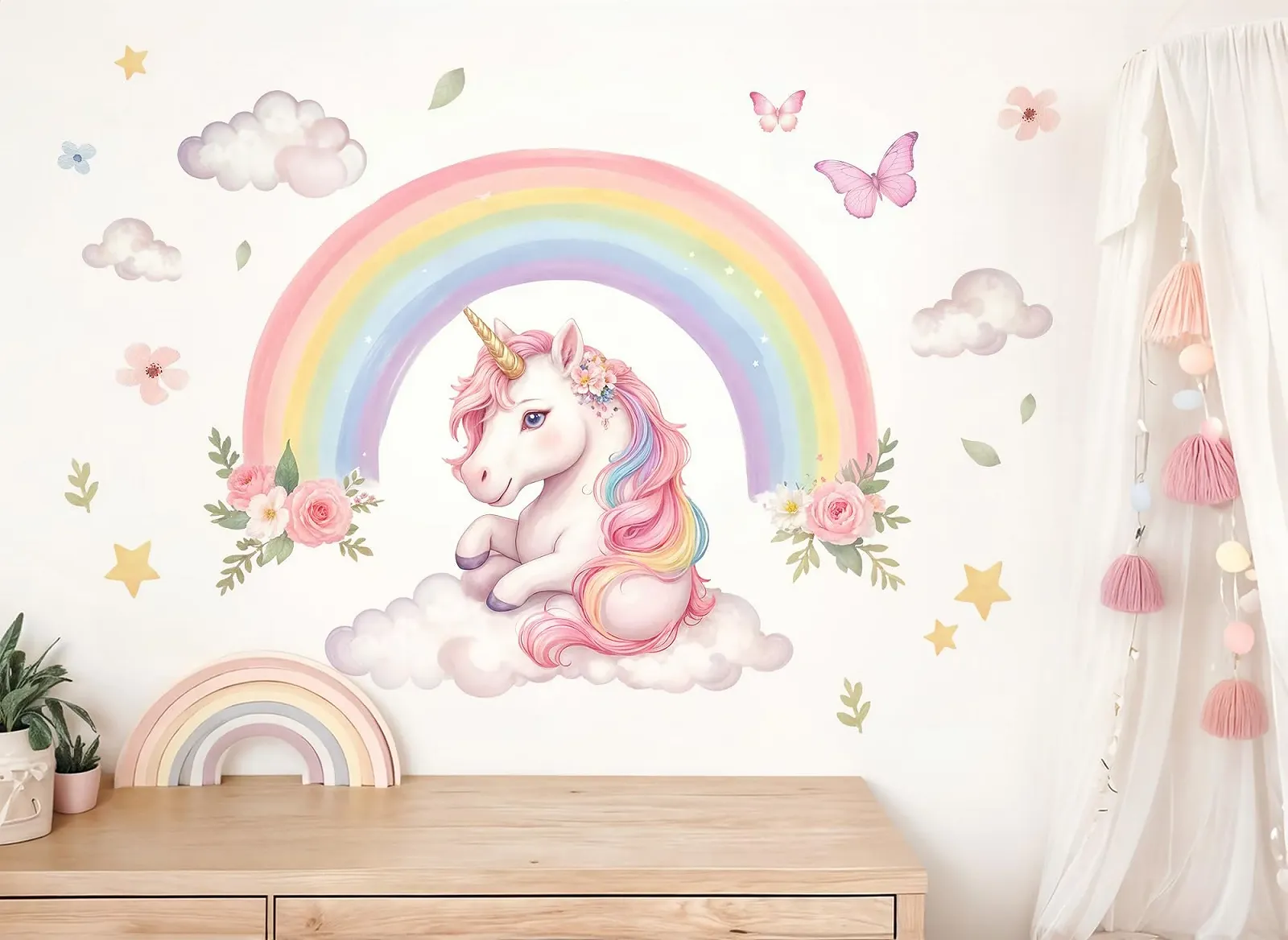 Наклейка на стену Little Deco DL5127-03 Единорог и радуга Акварельные цветы и звезды, фото №2