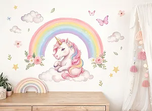 Наклейка на стіну Little Deco DL5127-03 Єдиноріг та веселка Акварельні квіти та зірки synthetic.ua - Фото 1