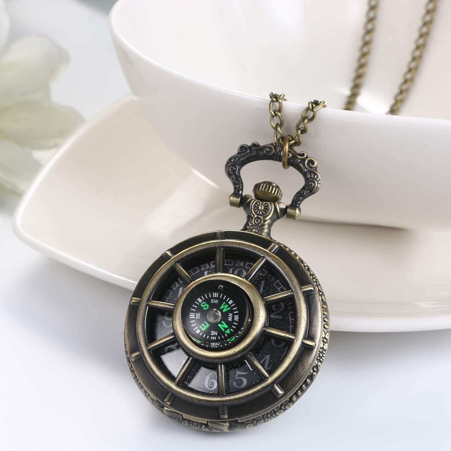 Карманные часы JewelryWe компас кварцевые аналоговые с цепочкой ожерельем, фото №3