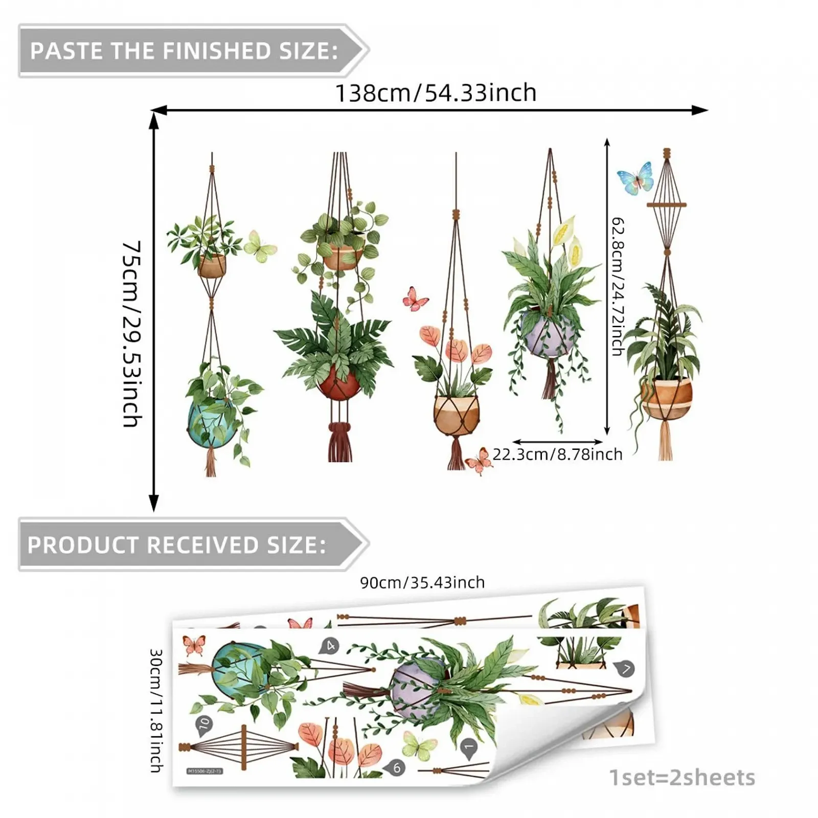 Наклейки на стіну Зелене листя рослин Горщикові рослини та метелики для офісу спальні вітальні декору вечірок, фото №7