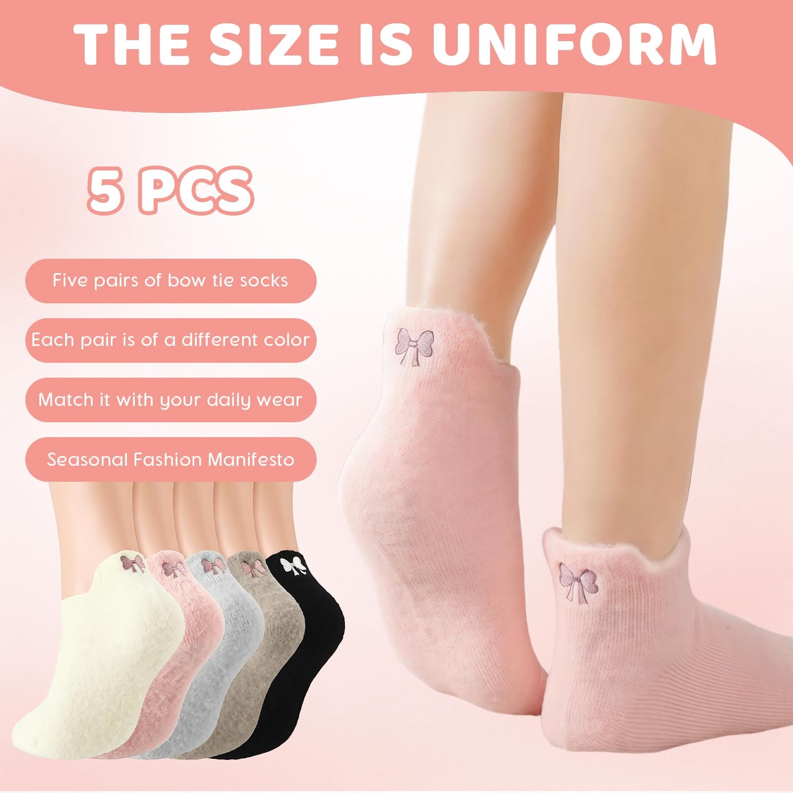 Шкарпетки з бантом для жінок (5 пар) Зимові м'які шкарпетки-капці, фото №2