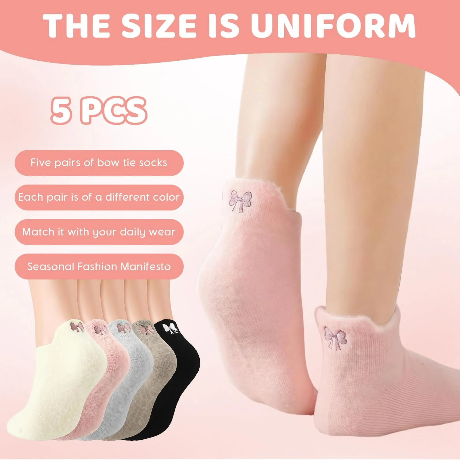 Шкарпетки з бантом для жінок (5 пар) Зимові м'які шкарпетки-капці, фото №2