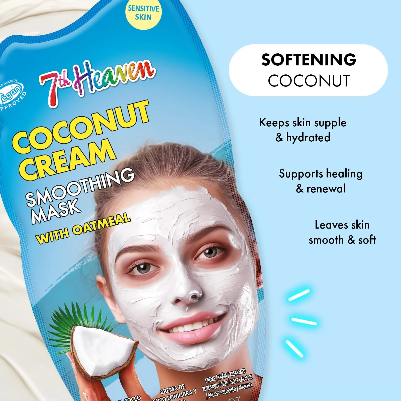 Маска для лица 7th Heaven Coconut Cream с овсянкой, мультипак из 6 штук - Успокаивающая и разглаживающая маска для чувствительной кожи, фото №4