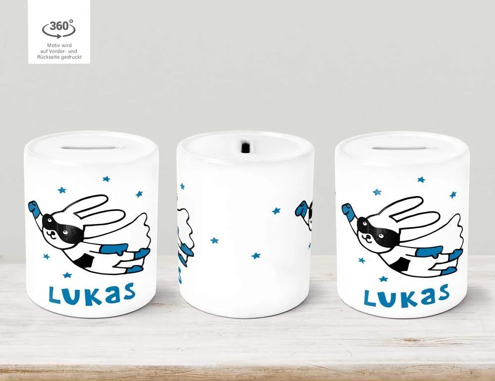 Скарбничка дитяча керамічна Кролик-супергерой персоналізована, фото №2