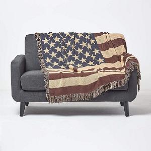 Покрывало Homescapes America Flag Тканое вручную 100% Хлопок 125 x 150 см - USA Stars & Stripes Жаккардовое покрывало/одеяло для дивана/кресла с бахромой - Фото 1