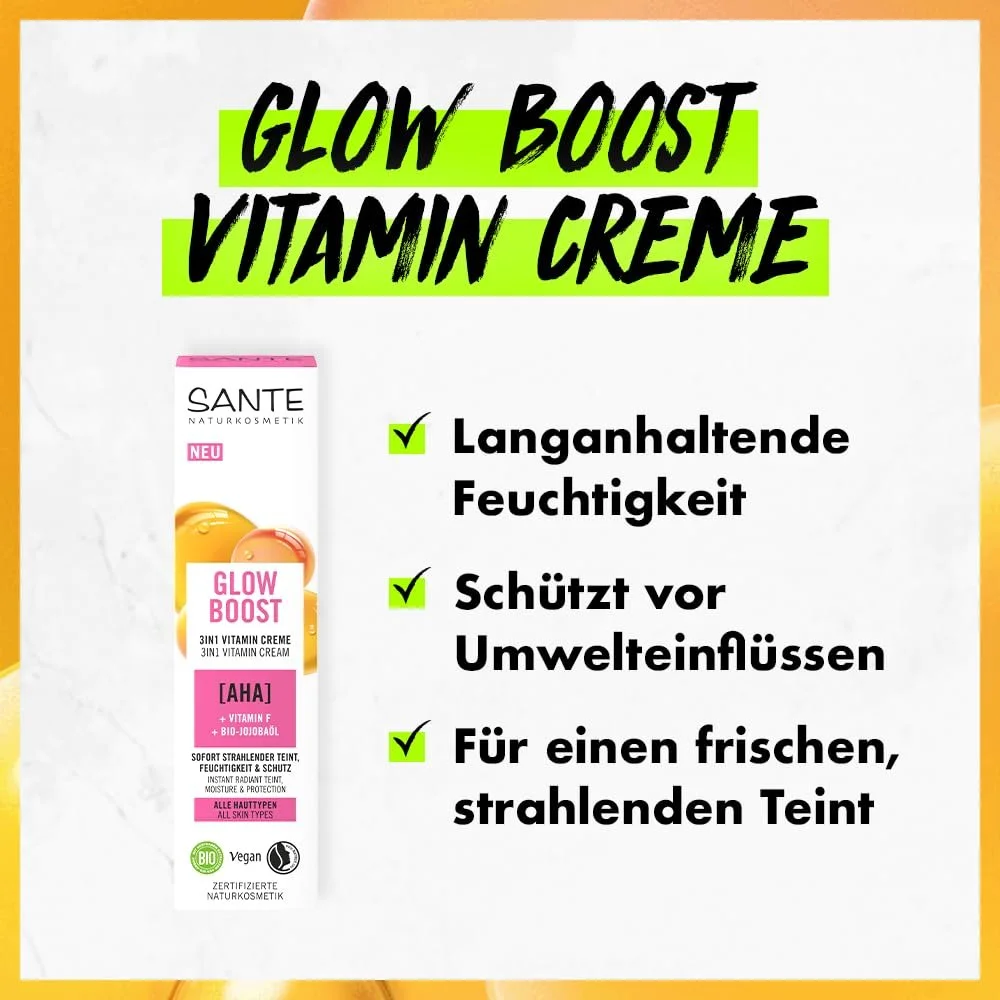 Вітамінний крем для обличчя SANTE Naturkosmetik Glow Boost 3-in-1 з AHA, вітаміном F та органічною олією жожоба 30 мл, фото №3 Вітамінний крем для обличчя SANTE Naturkosmetik Glow Boost 3-in-1 з AHA, вітаміном F та органічною олією жожоба 30 мл, фото №3